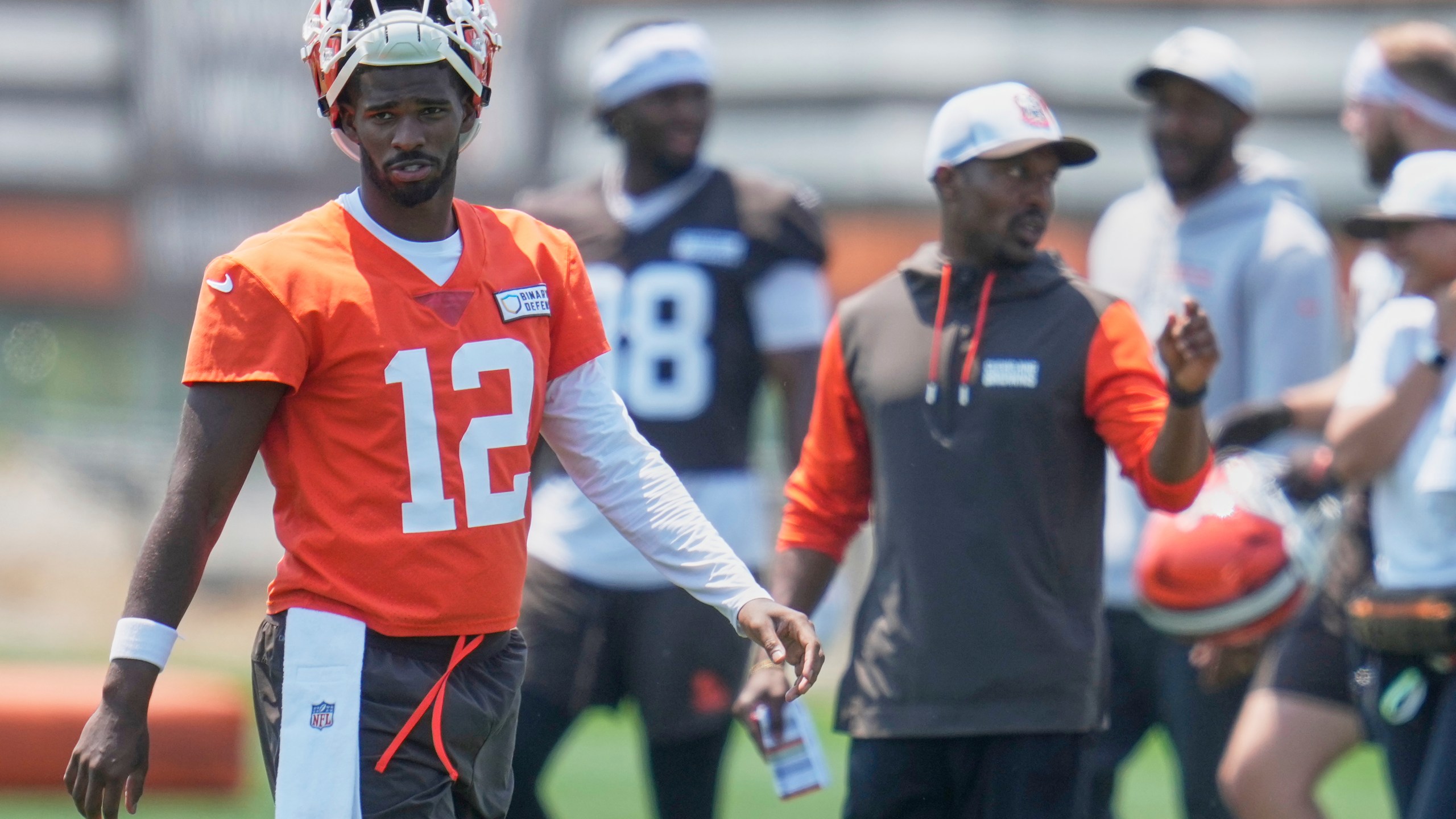 Cleveland Browns quarterback Shedeur Sanders (12) at NFL football minicamp in Berea, Ohio, Wednesday, June 11, 2025. (AP Photo/Sue Ogrocki)