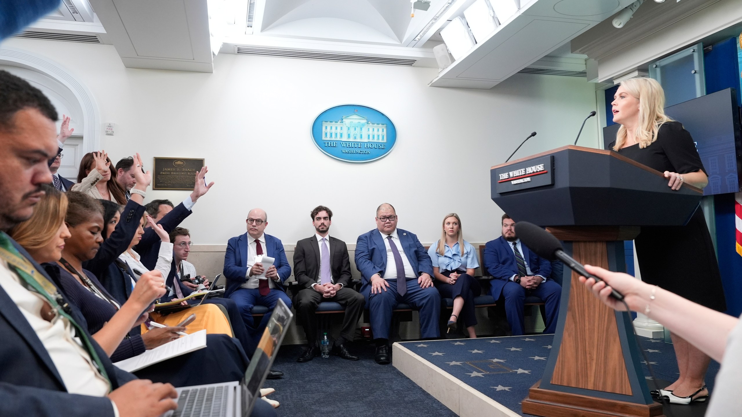 White House press secretary Karoline Leavitt speaks with reporters in the James Brady Press Briefing Room at the White House, Thursday, June 19, 2025, in Washington. (AP Photo/Alex Brandon)