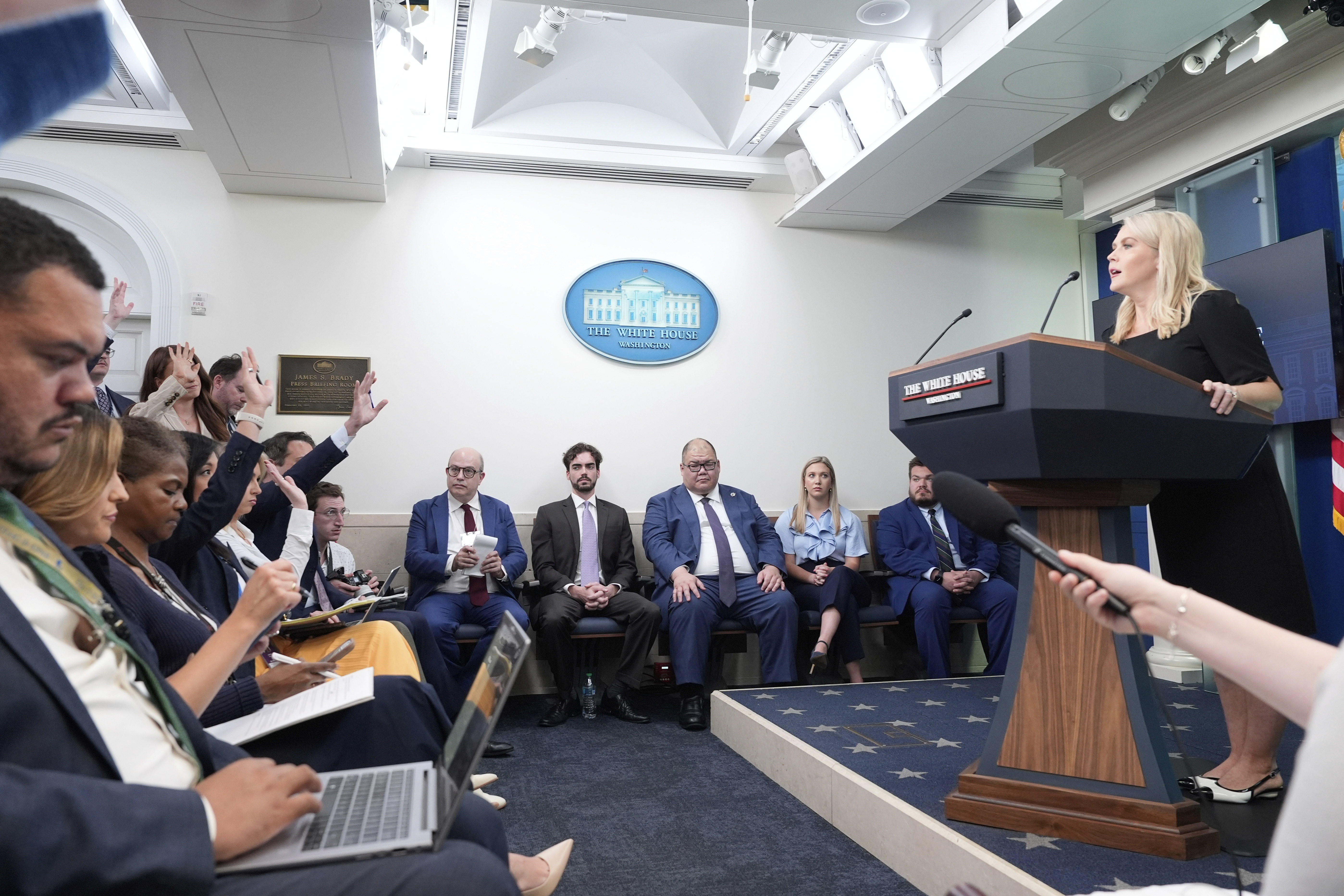 White House press secretary Karoline Leavitt speaks with reporters in the James Brady Press Briefing Room at the White House, Thursday, June 19, 2025, in Washington. (AP Photo/Alex Brandon)
