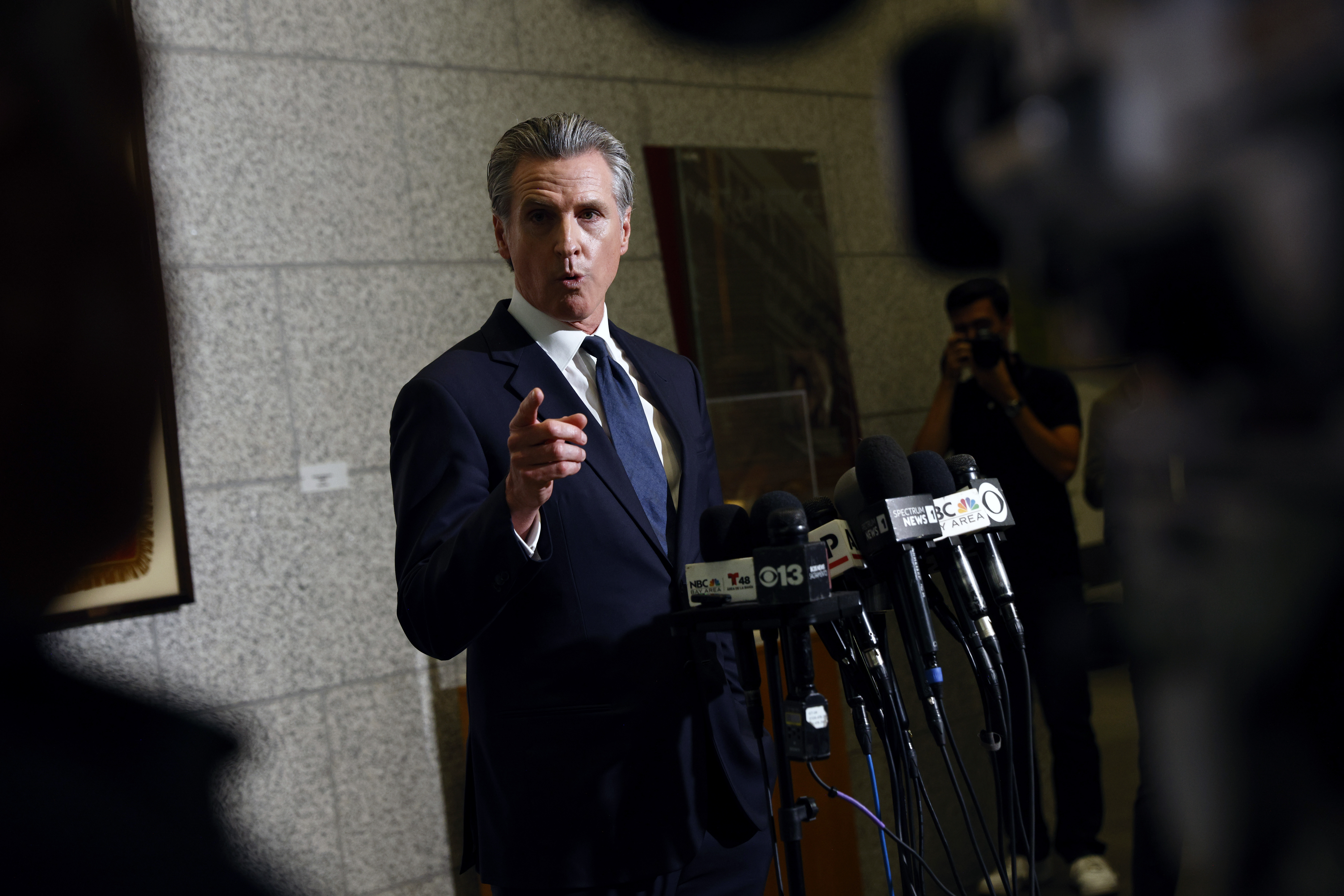 Gov. Gavin Newsom speaks after U.S. District Judge Charles Breyer granted an emergency temporary restraining to stop President Trump's deployment of the California National Guard, Thursday, June 12, 2025, at the California State Supreme Court building in San Francisco. (Santiago Mejia/San Francisco Chronicle via AP)