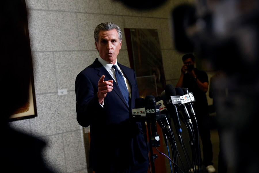 Gov. Gavin Newsom speaks after U.S. District Judge Charles Breyer granted an emergency temporary restraining to stop President Trump's deployment of the California National Guard, Thursday, June 12, 2025, at the California State Supreme Court building in San Francisco. (Santiago Mejia/San Francisco Chronicle via AP)