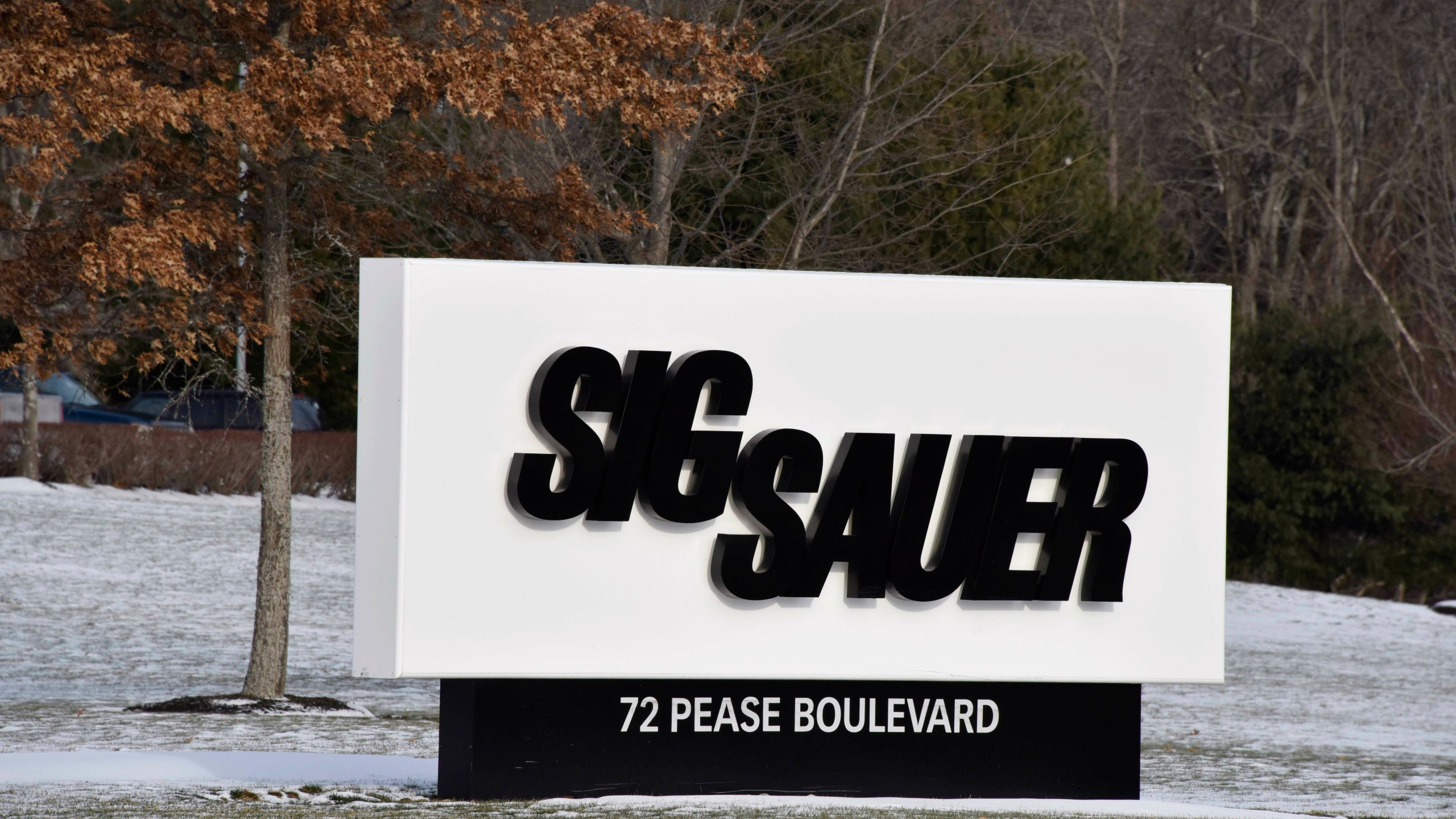 This Jan. 14, 2016, file photo shows the sign at the entrance to the headquarters of Sig Sauer, a gun manufacturer based in Newington, N.H. (AP Photo/Lisa Marie Pane, file)
