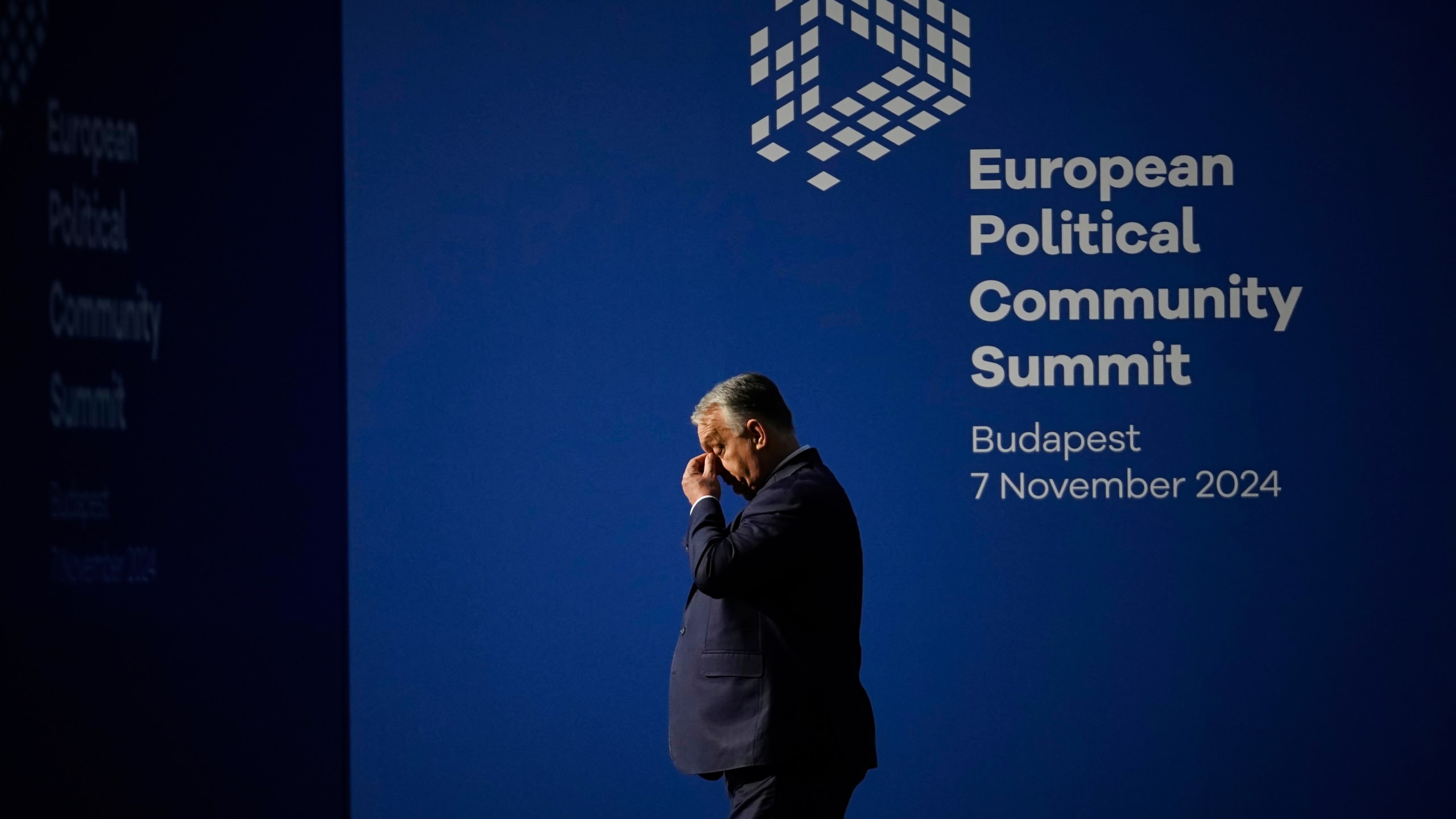 FILE - Hungary's Prime Minister Viktor Orban waits for the arrival of leaders for the European Political Community (EPC) Summit at the Puskas Arena in Budapest, Hungary, Thursday, Nov. 7, 2024. (AP Photo/Petr David Josek, File)