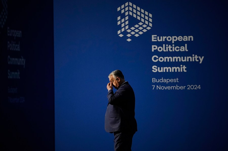 FILE - Hungary's Prime Minister Viktor Orban waits for the arrival of leaders for the European Political Community (EPC) Summit at the Puskas Arena in Budapest, Hungary, Thursday, Nov. 7, 2024. (AP Photo/Petr David Josek, File)
