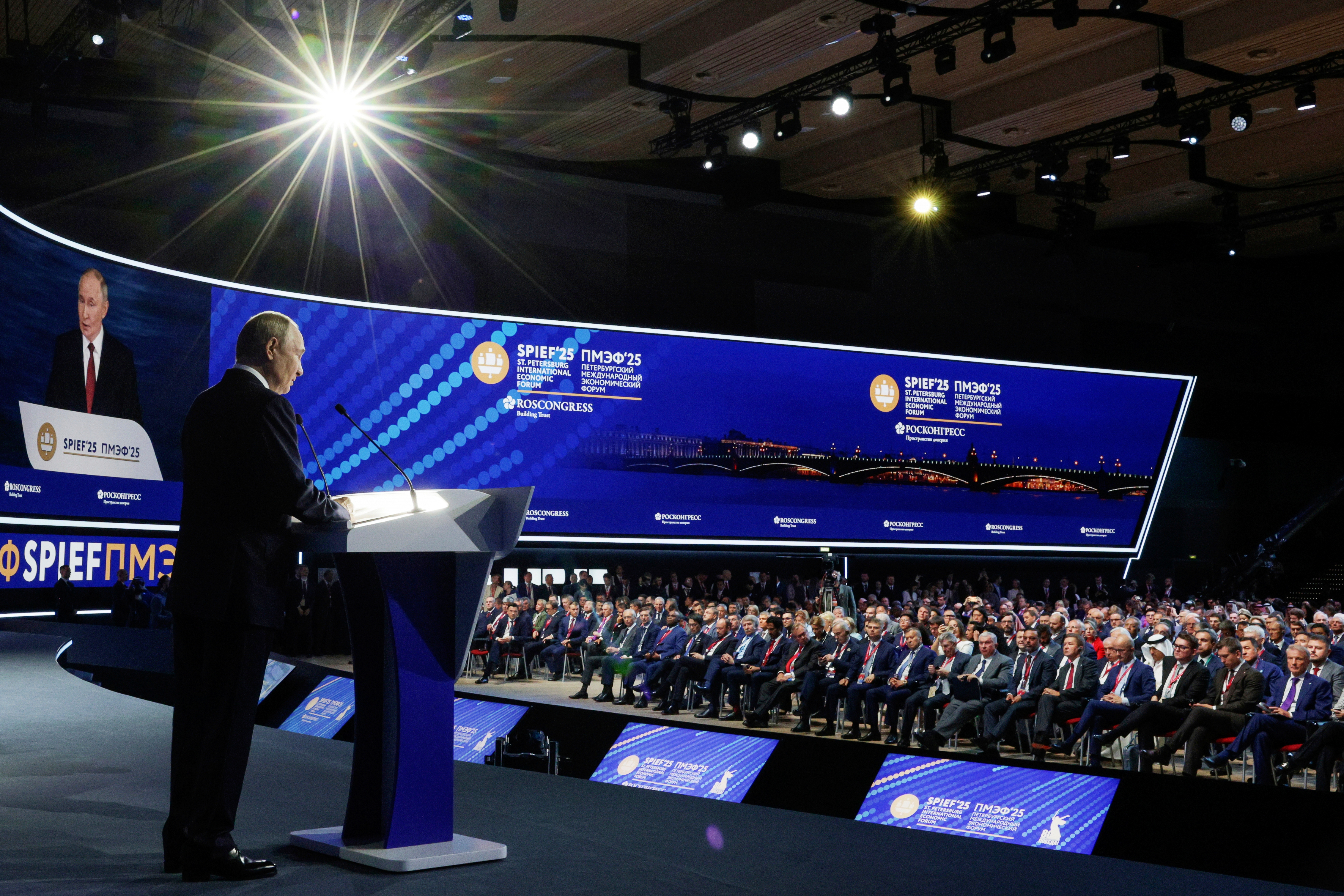 Russian President Vladimir Putin speaks at a plenary session of the St. Petersburg International Econimic Forum in St. Petersburg, Russia, Friday, June 20, 2025. (Gavriil Grigorov, Sputnik, Kremlin Pool Photo via AP)