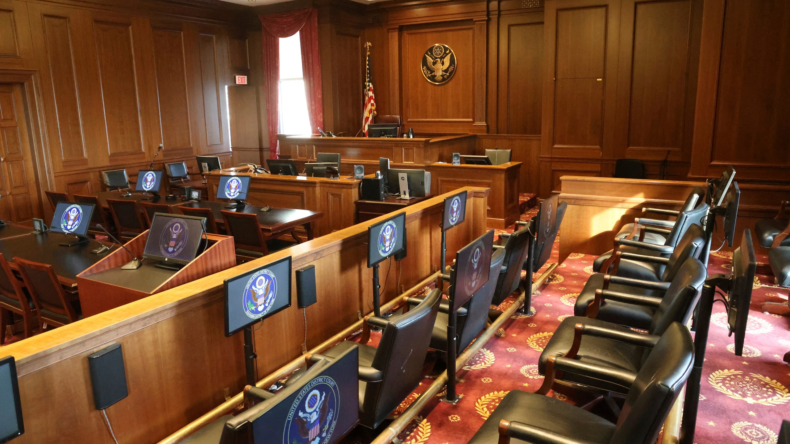 A view from the jury box is shown inside a federal courtroom similar to the room where the trial of Sean “Diddy” Combs’ is being held in Federal District court in Manhattan on Friday, June 6, 2025 in New York. (Jefferson Siegel /The New York Times via AP, Pool)