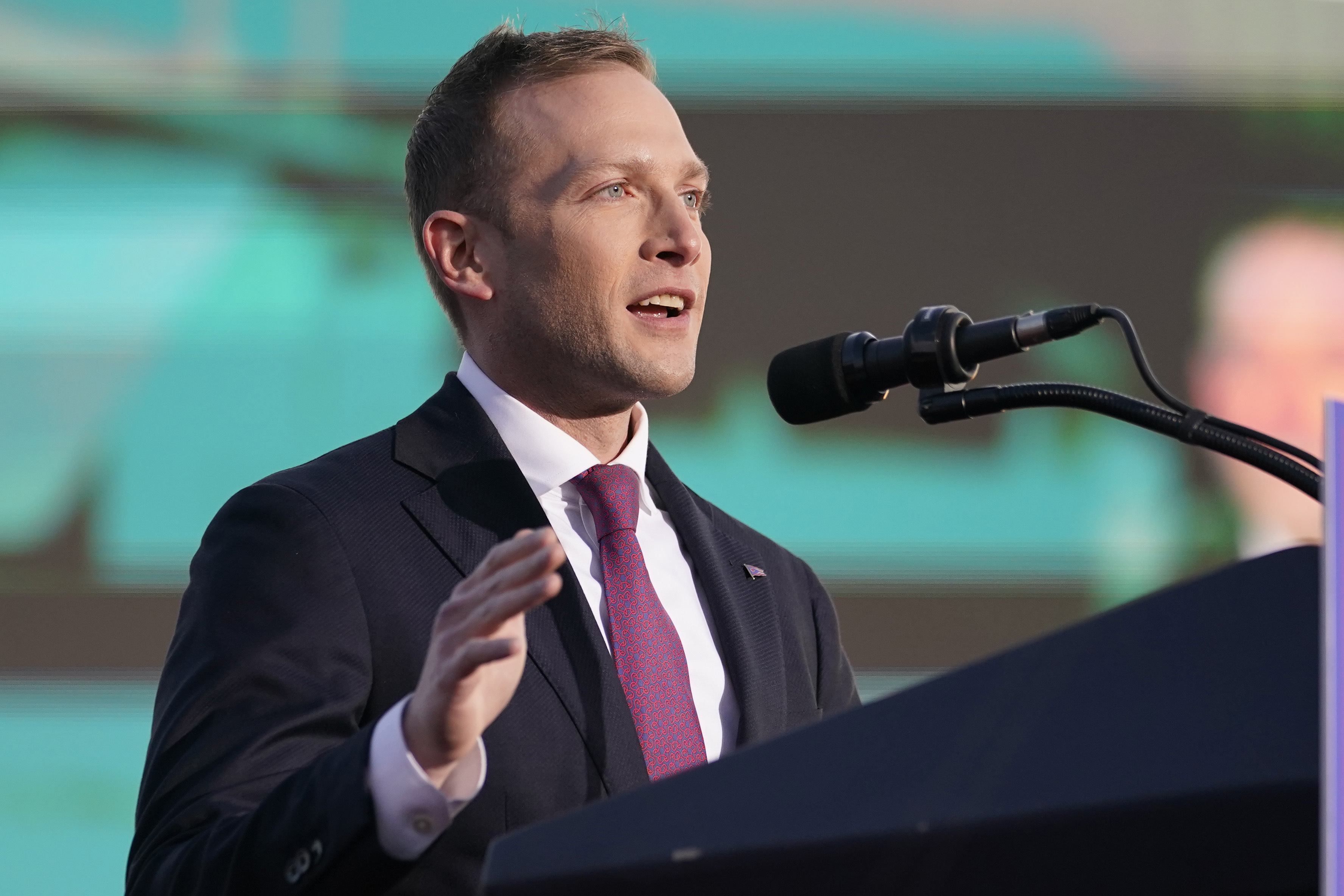 FILE - Republican U.S. Rep. Max Miller speaks before President Donald Trump at a rally in support of the campaign of Ohio Senate candidate JD Vance at Wright Bros. Aero Inc. at Dayton International Airport on Nov. 7, 2022, in Vandalia, Ohio. (AP Photo/Michael Conroy, File)