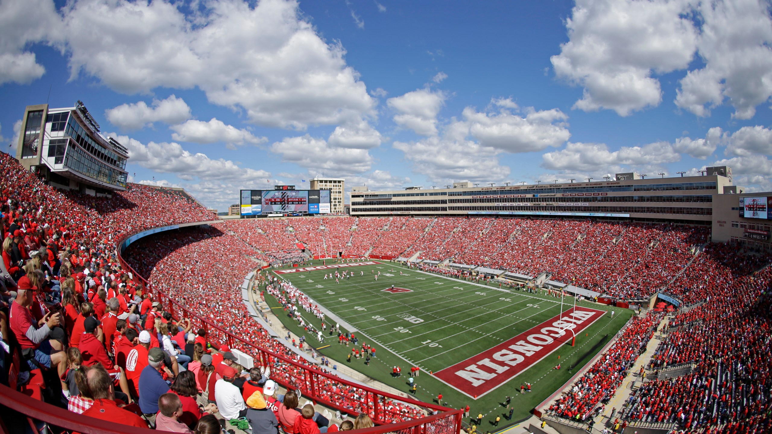 FILE - Camp Randall Stadium is seen during an NCAA college football game between Wisconsin and Miami of Ohio, Sept. 12, 2015, in Madison, Wis. (AP Photo/Aaron Gash, File)