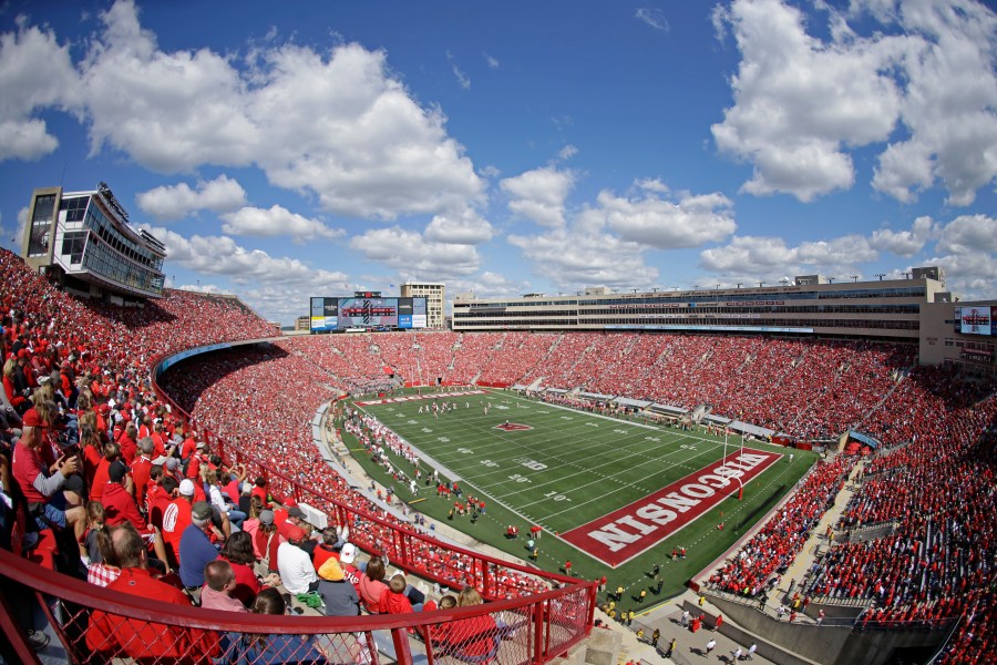 FILE - Camp Randall Stadium is seen during an NCAA college football game between Wisconsin and Miami of Ohio, Sept. 12, 2015, in Madison, Wis. (AP Photo/Aaron Gash, File)