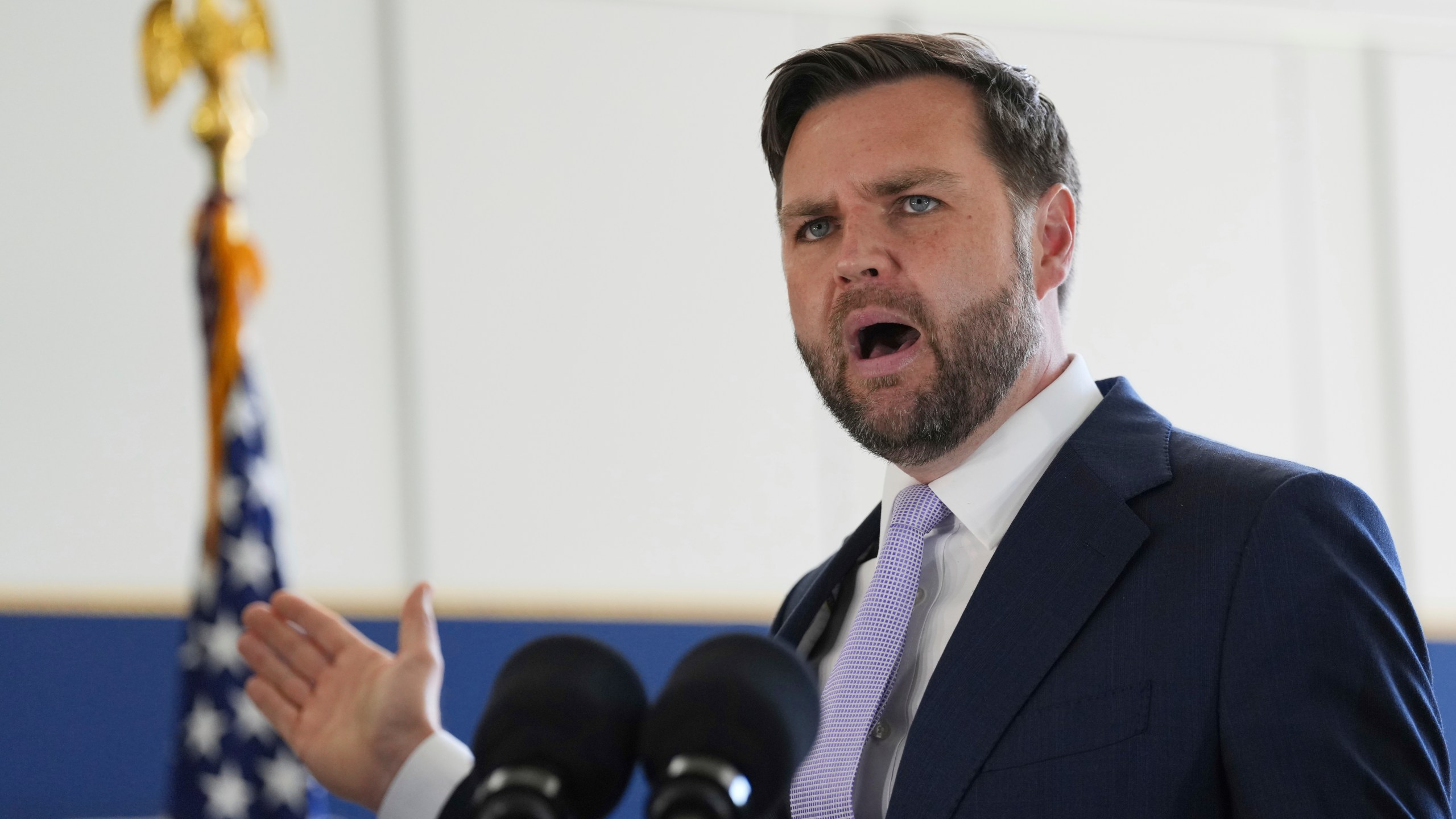 Vice President JD Vance speaks during a visit to the Wilshire Federal Building Friday, June 20, 2025, in Los Angeles. (AP Photo/Jae C. Hong)
