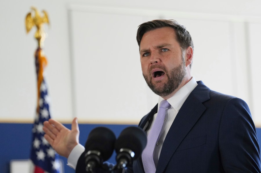 Vice President JD Vance speaks during a visit to the Wilshire Federal Building Friday, June 20, 2025, in Los Angeles. (AP Photo/Jae C. Hong)