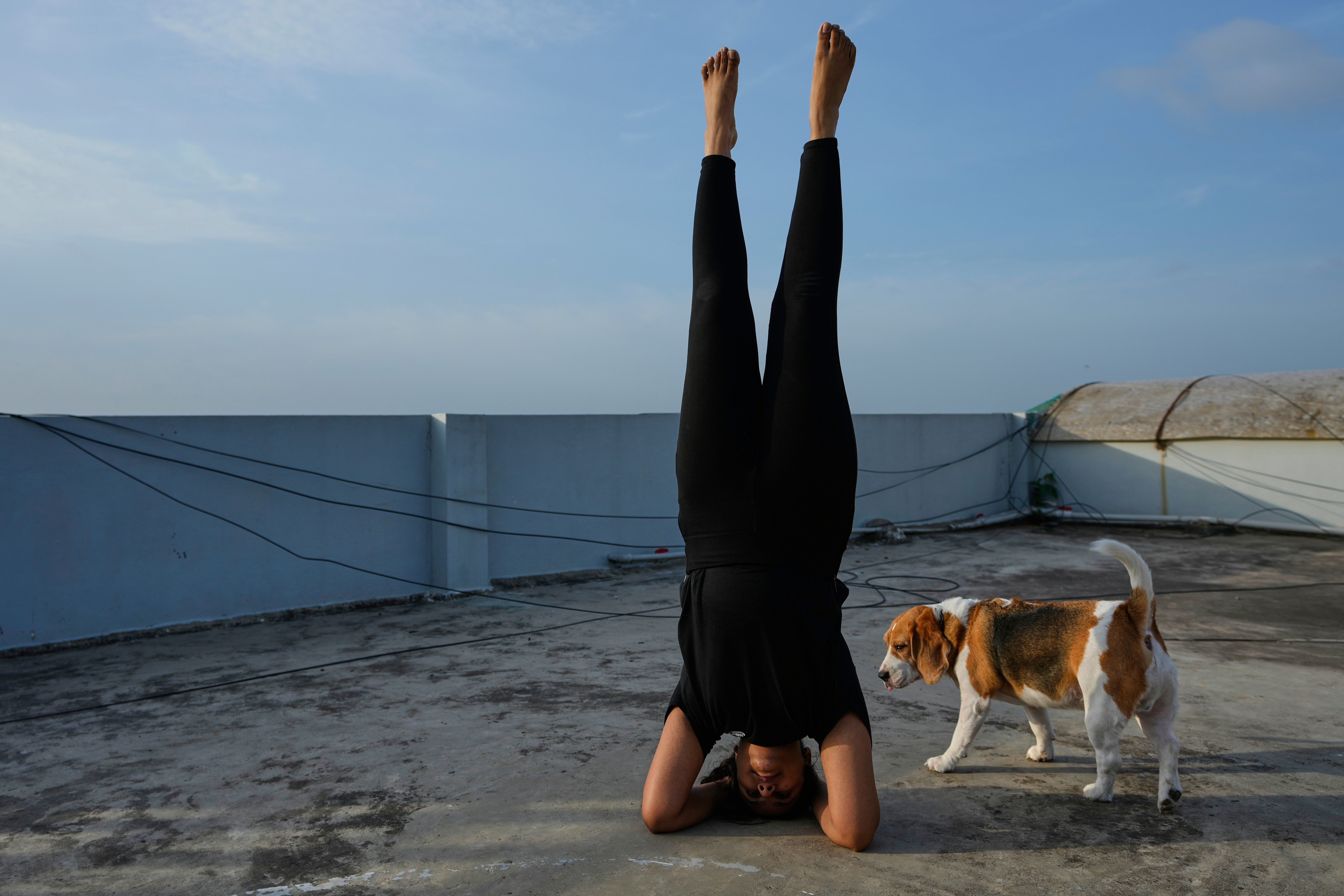 A girl performs yoga on the roof of an apartment on International Day of Yoga in Hyderabad, India, Saturday, June 21, 2025. (AP Photo/Mahesh Kumar A.)