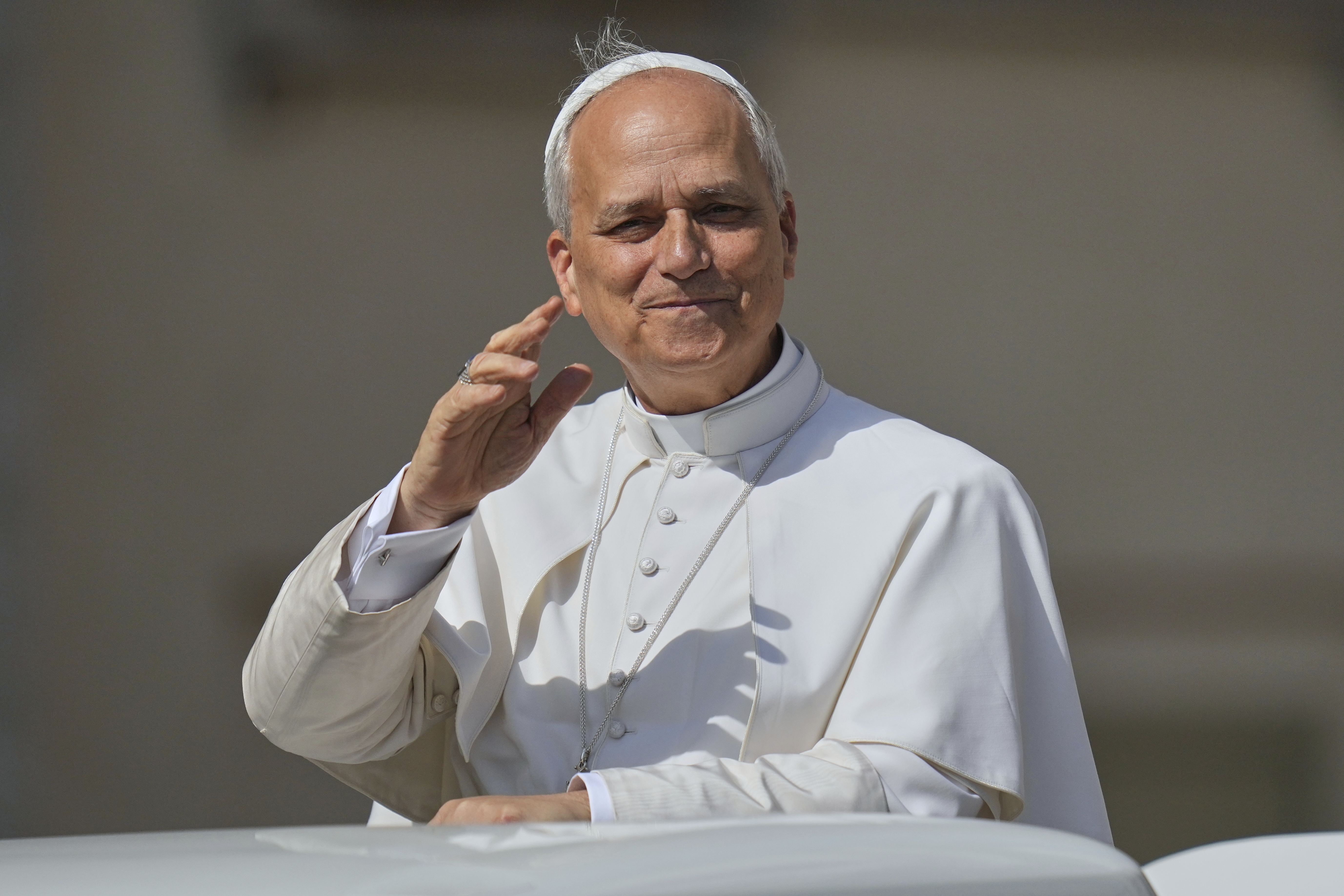 Pope Leo XIV arrives for his weekly general audience in St. Peter's Square at the Vatican, Wednesday, June 18, 2025. (AP Photo/Alessandra Tarantino)