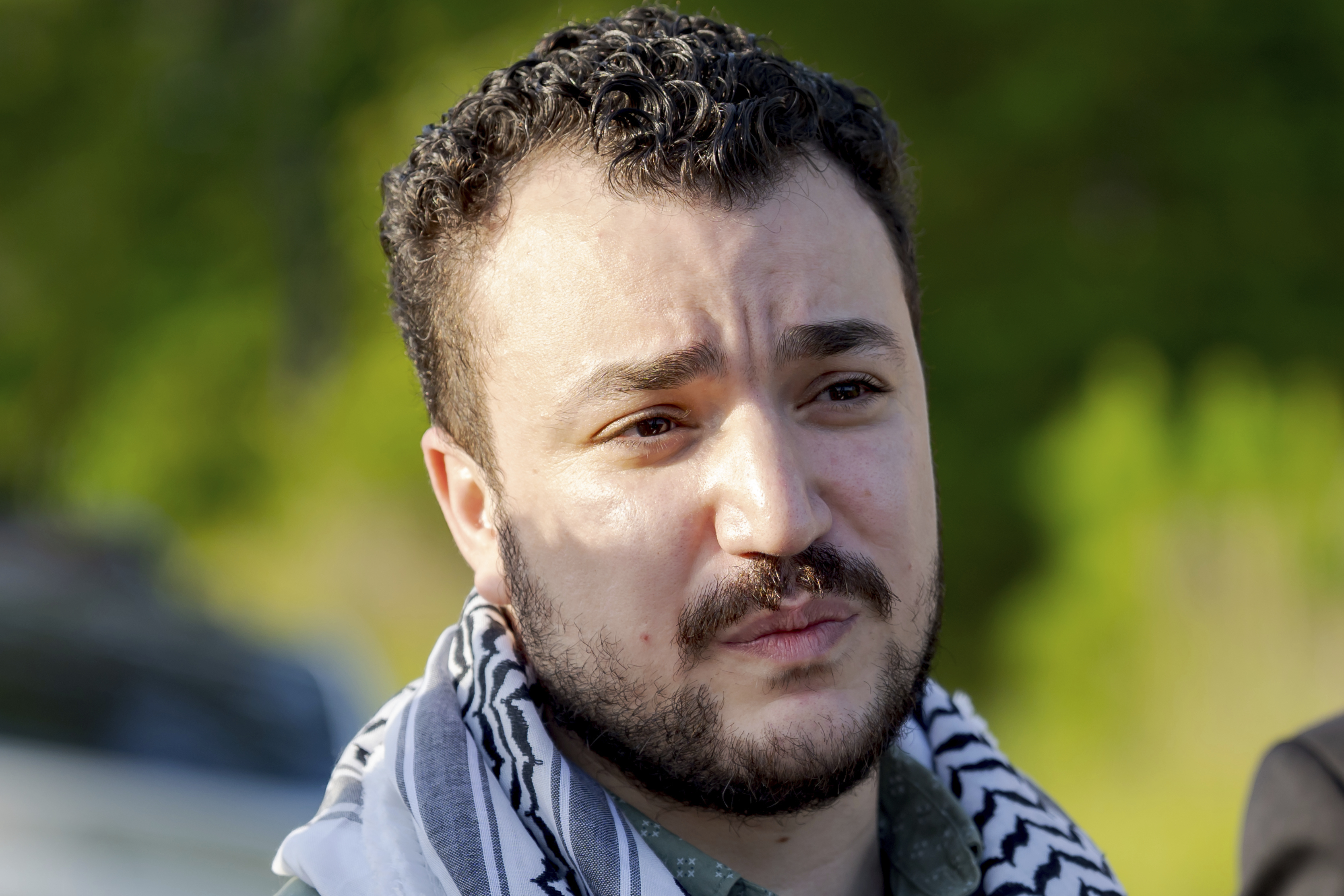 Palestinian activist Mahmoud Khalil speaks after his release from federal immigration detention in Jena, La., Friday, June 20, 2025. (AP Photo/Matthew Hinton)