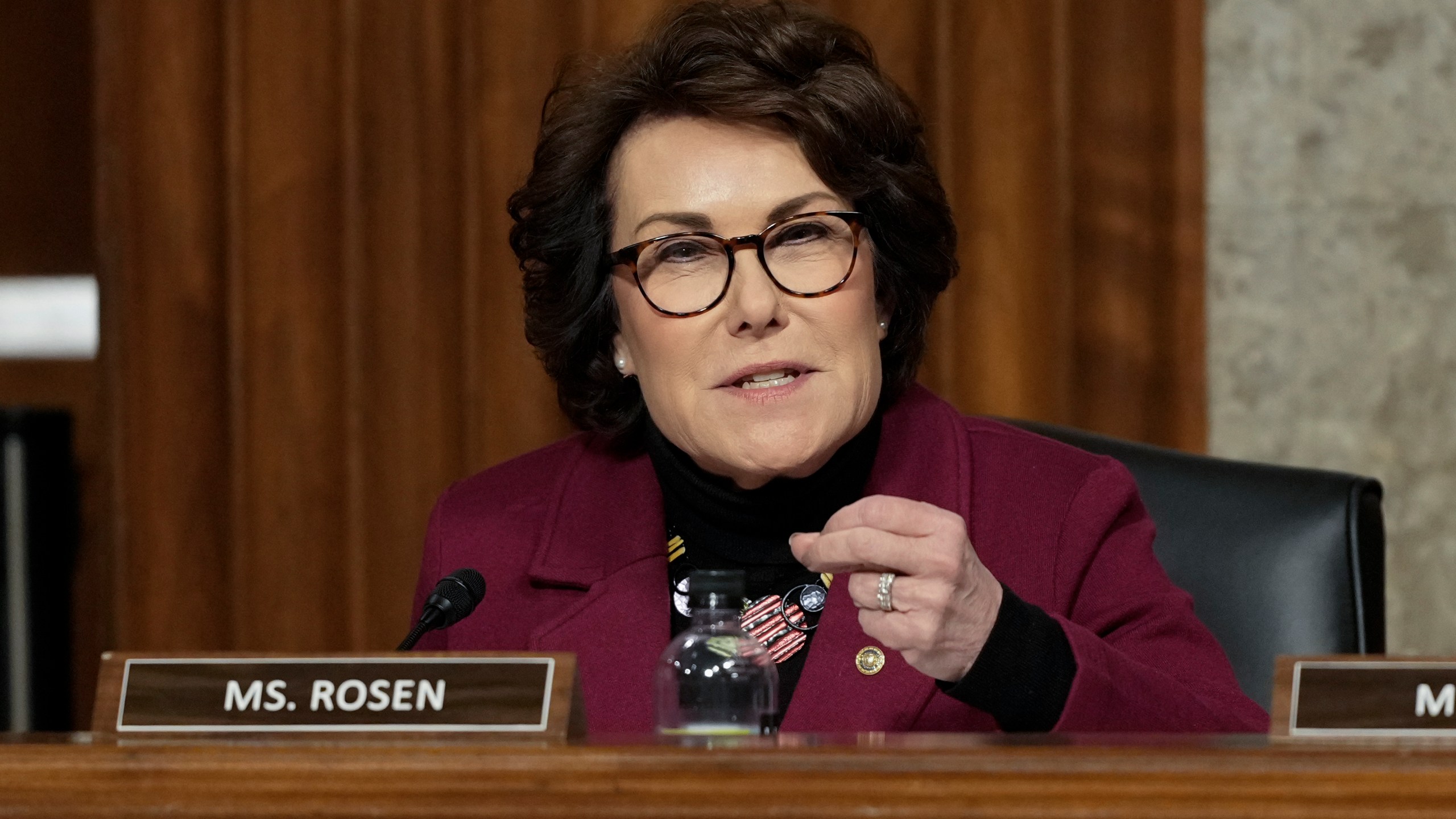 FILE - Sen. Jacky Rosen, D-Nev., speaks during a Senate Armed Services Committee confirmation hearing at the Capitol in Washington, Jan. 14, 2025. (AP Photo/Ben Curtis, File)