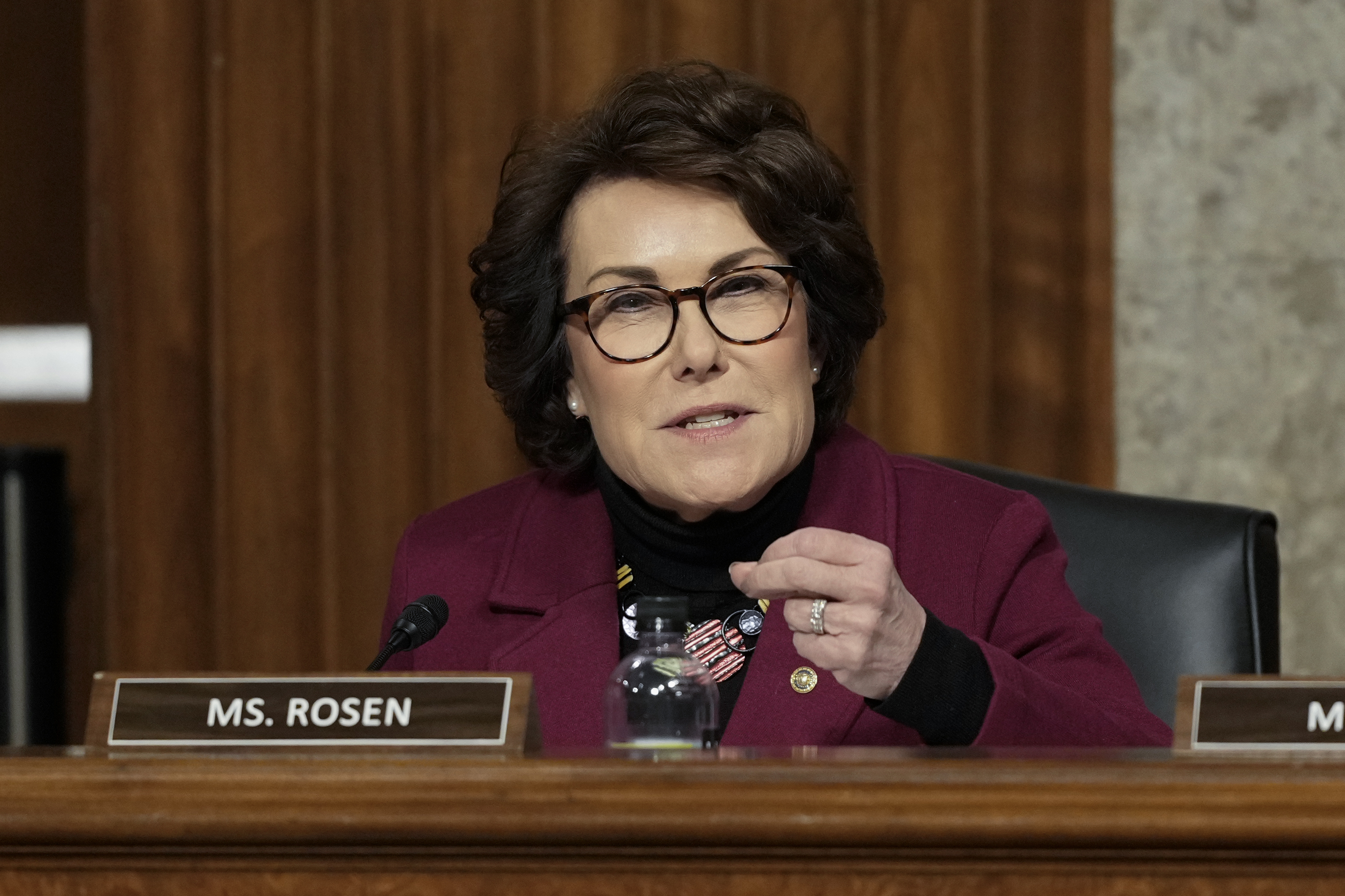 FILE - Sen. Jacky Rosen, D-Nev., speaks during a Senate Armed Services Committee confirmation hearing at the Capitol in Washington, Jan. 14, 2025. (AP Photo/Ben Curtis, File)
