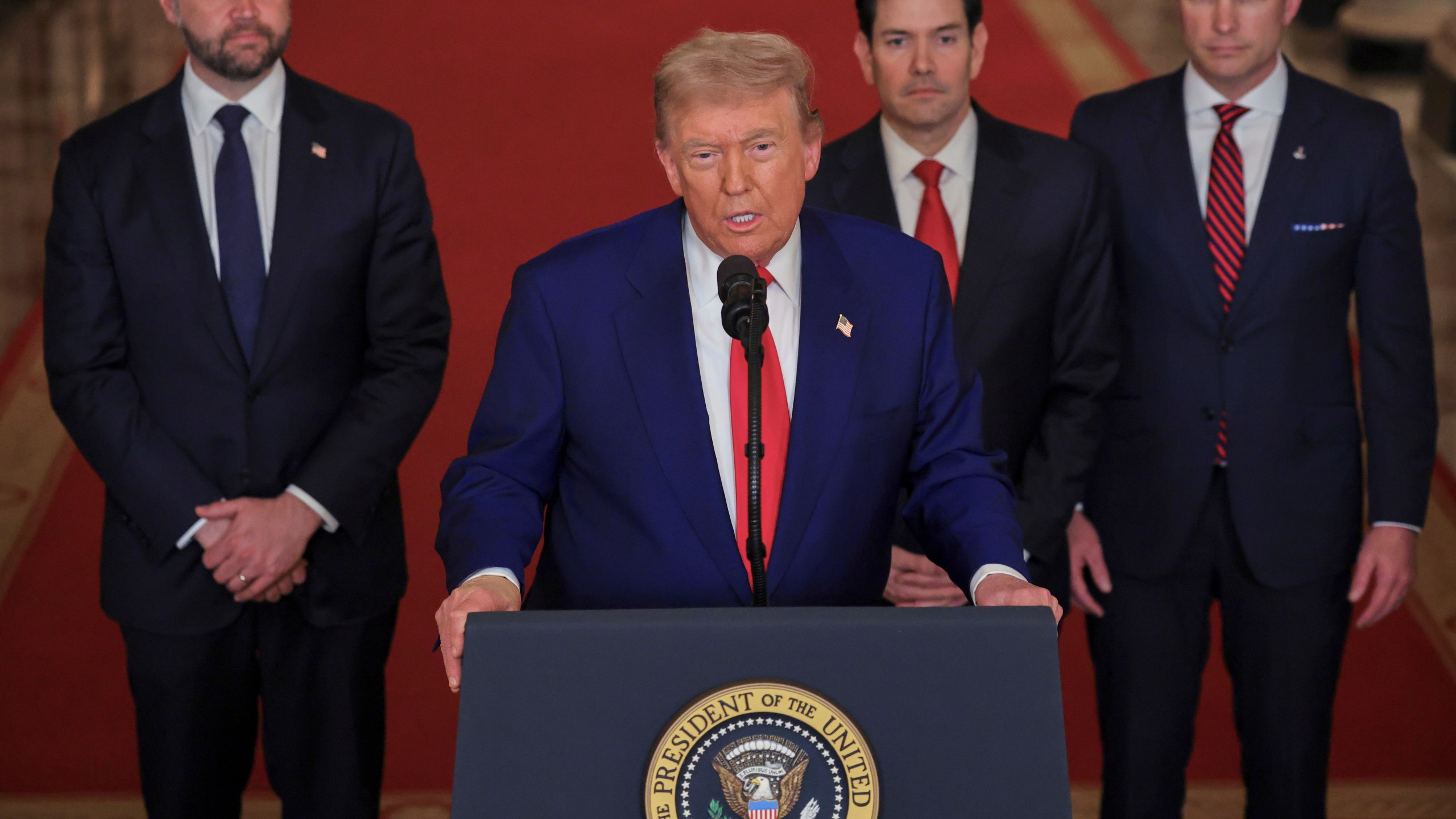 President Donald Trump speaks from the East Room of the White House in Washington, Saturday, June 21, 2025, after the U.S. military struck three Iranian nuclear and military sites, directly joining Israel's effort to decapitate the country's nuclear program, as Vice President JD Vance, Secretary of State Marco Rubio and Defense Secretary Pete Hegseth listen. (Carlos Barria/Pool via AP)