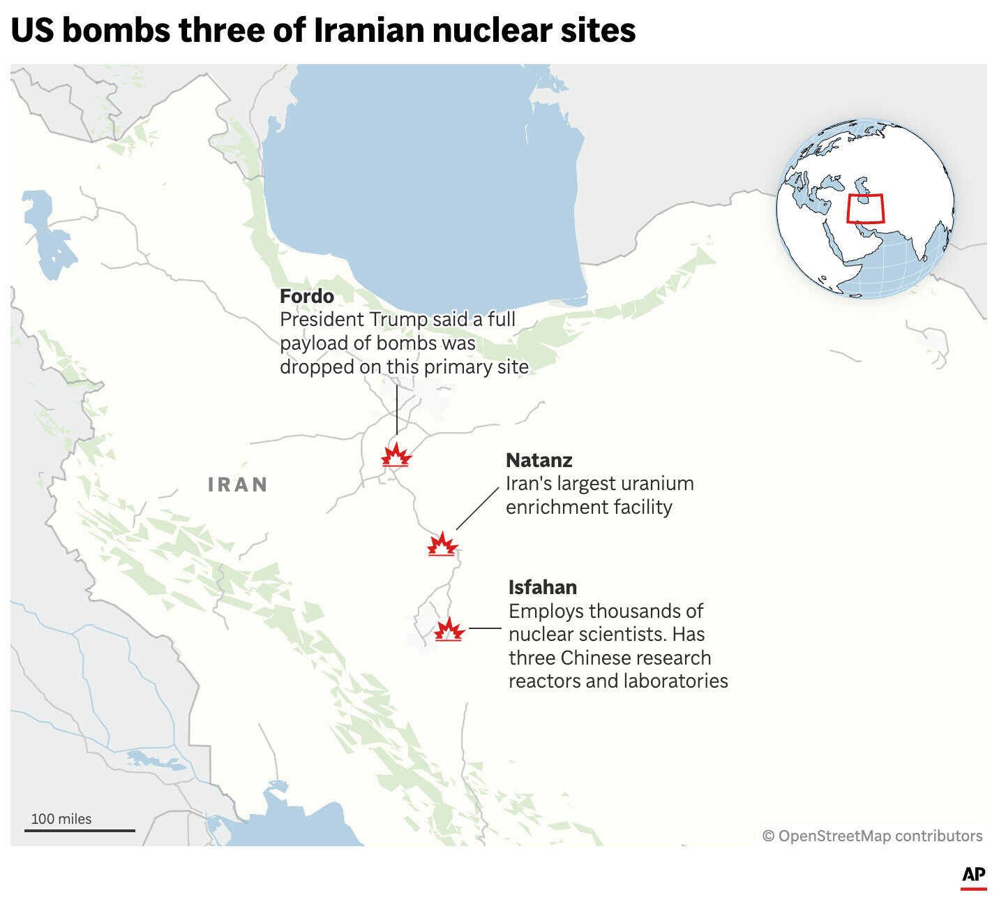 The map above locates the three Iranian nuclear facilities that were bombed by the U.S. on June 21. (AP Graphic)