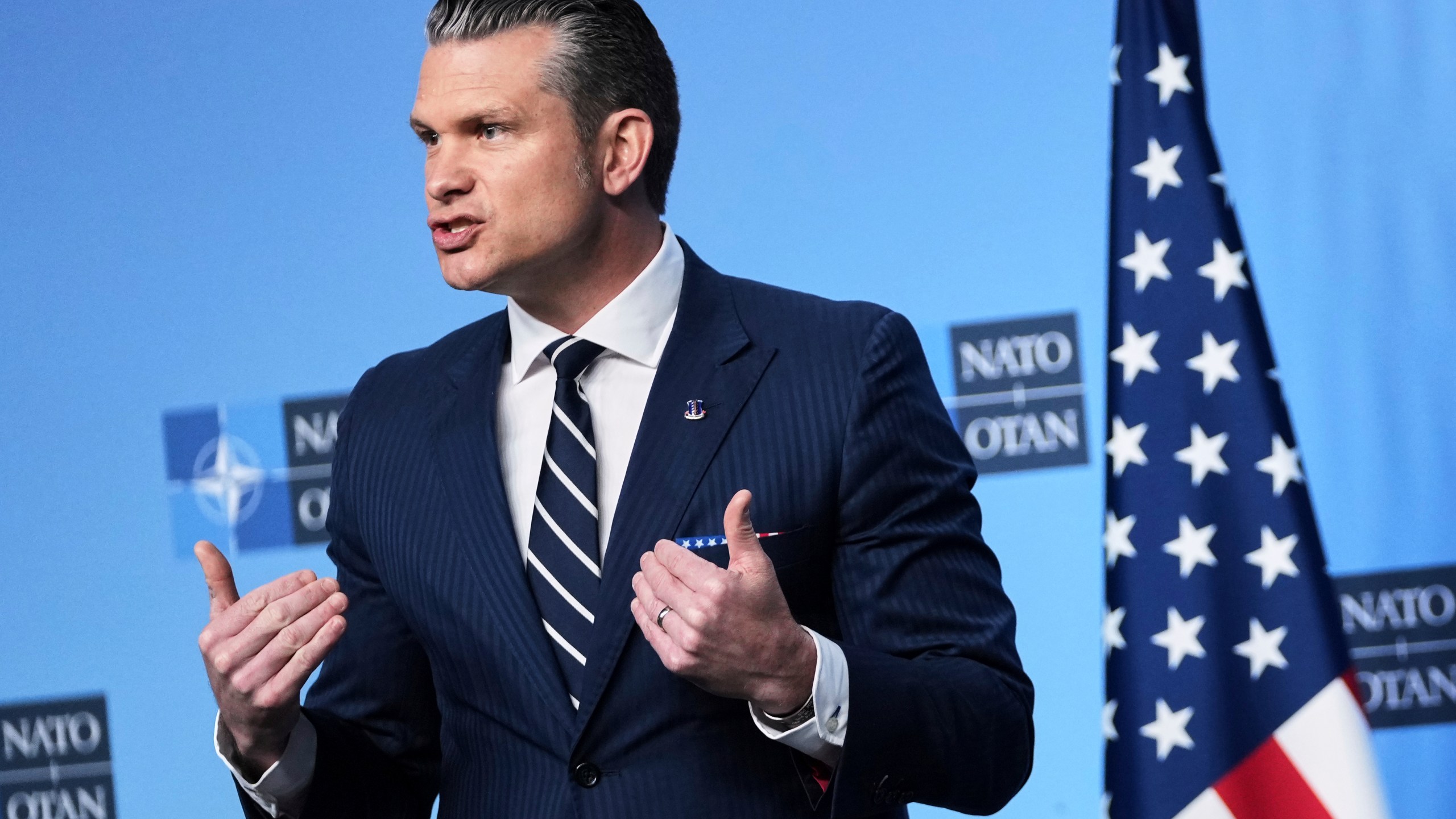 FILE - Defense Secretary Pete Hegseth delivers a statement ahead of a meeting of NATO defense ministers at NATO headquarters in Brussels, June 5, 2025. (AP Photo/Virginia Mayo, File)