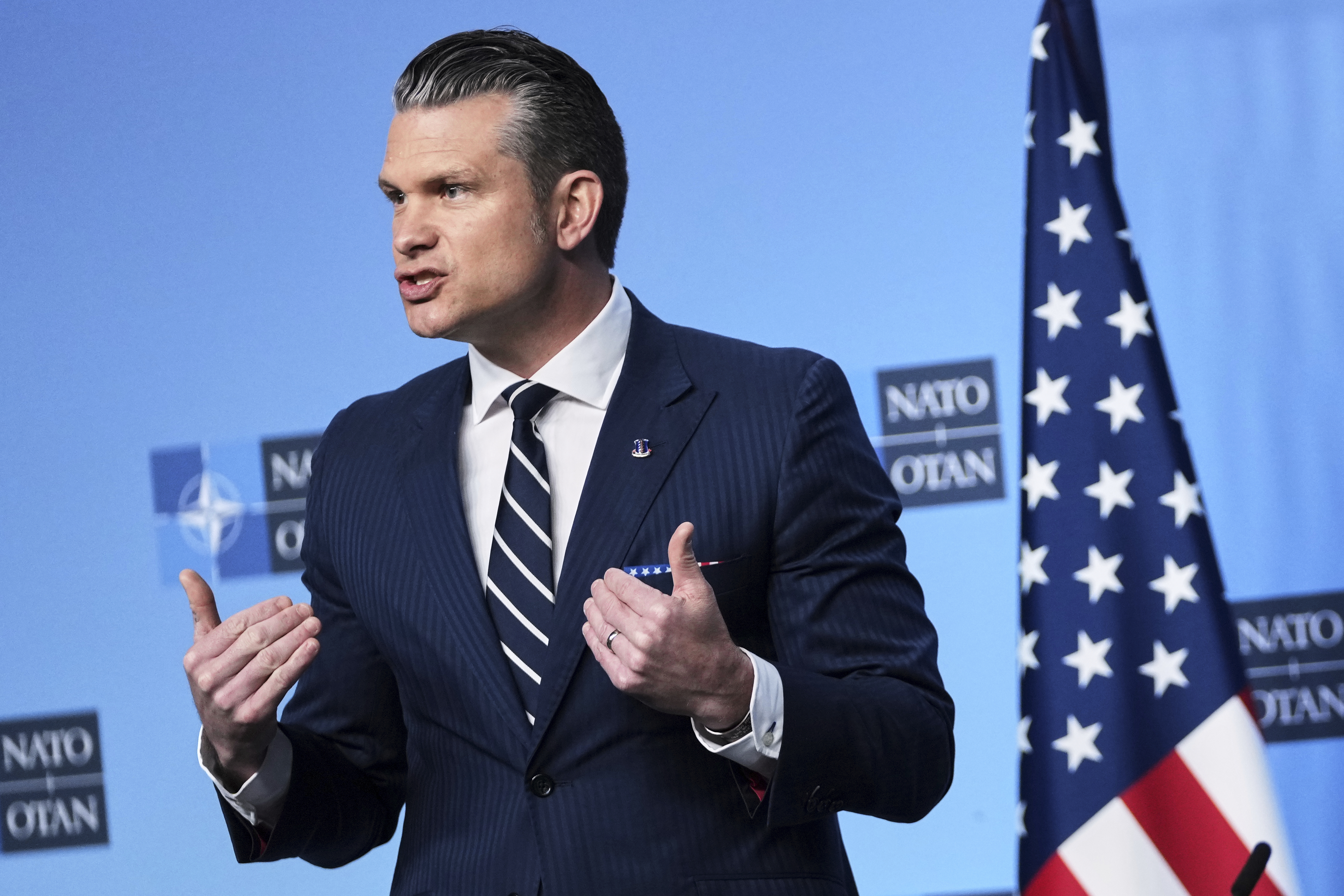 FILE - Defense Secretary Pete Hegseth delivers a statement ahead of a meeting of NATO defense ministers at NATO headquarters in Brussels, June 5, 2025. (AP Photo/Virginia Mayo, File)