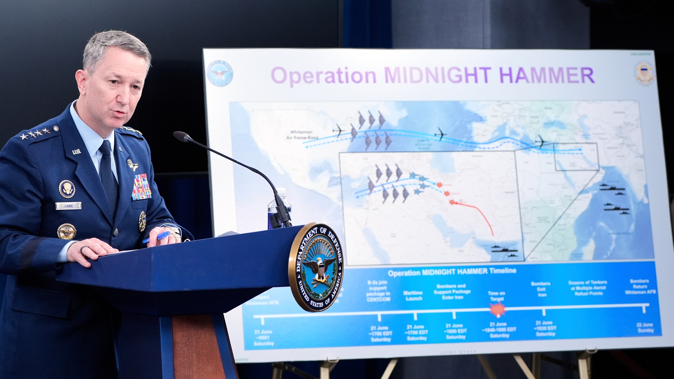 Joint Chiefs Chairman Gen. Dan Caine speaks during a news conference at the Pentagon in Washington, Sunday, June 22, 2025, after the U.S. military struck three sites in Iran, directly joining Israel's effort to destroy the country's nuclear program. (AP Photo/Alex Brandon)