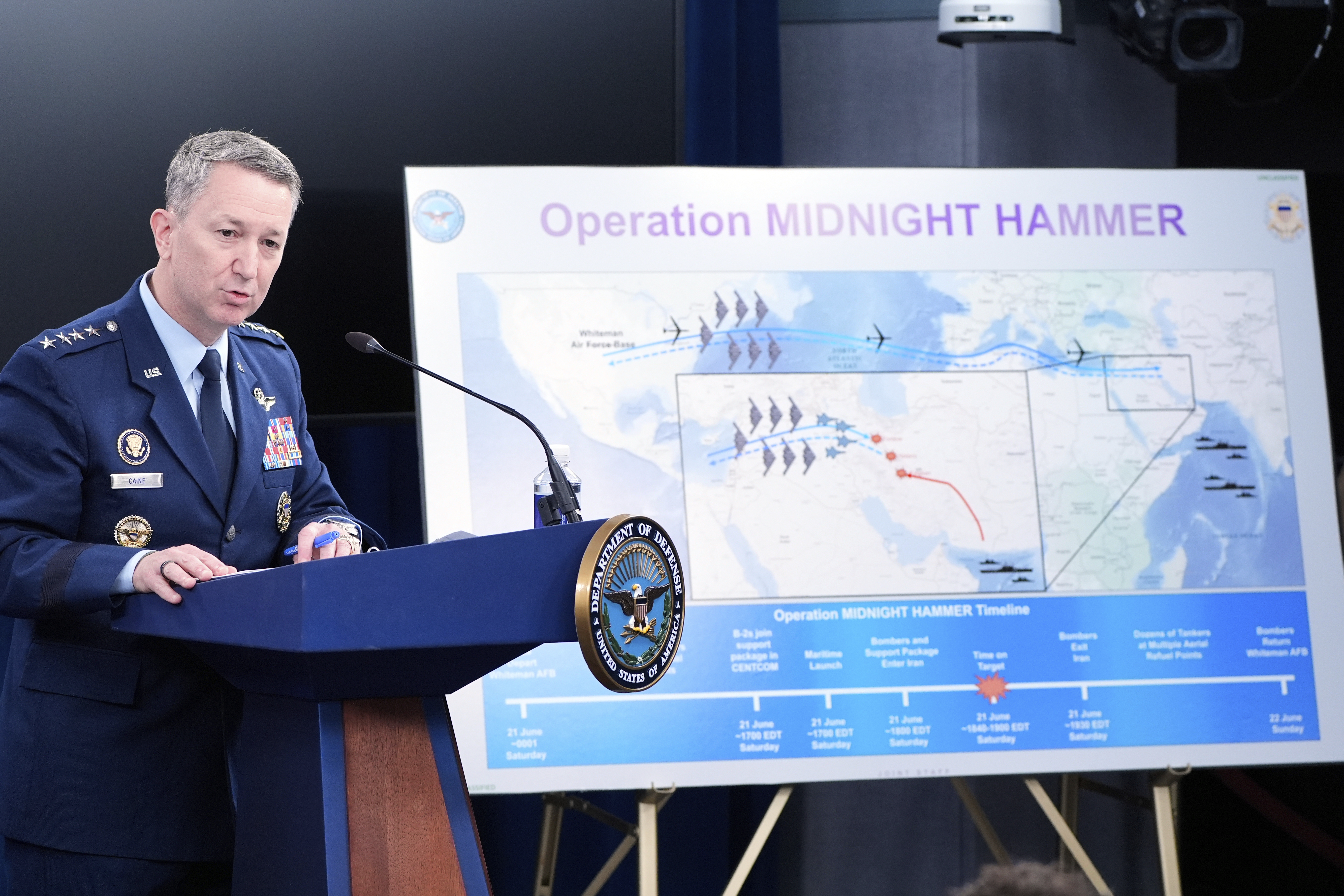 Joint Chiefs Chairman Gen. Dan Caine speaks during a news conference at the Pentagon in Washington, Sunday, June 22, 2025, after the U.S. military struck three sites in Iran, directly joining Israel's effort to destroy the country's nuclear program. (AP Photo/Alex Brandon)