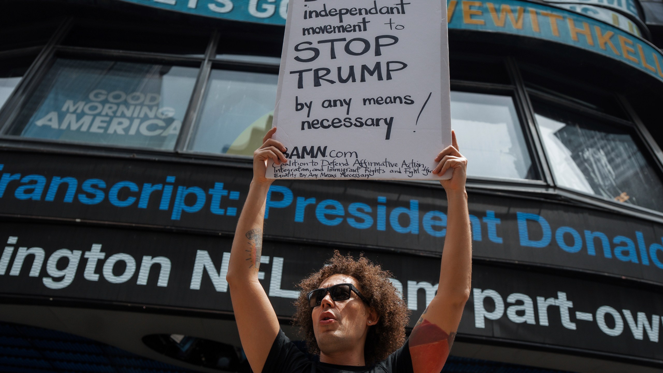 A protester shouts slogans during a protest against U.S. strikes in Iran, on Sunday, June 22, 2025, in New York. (AP Photo/Olga Fedorova)