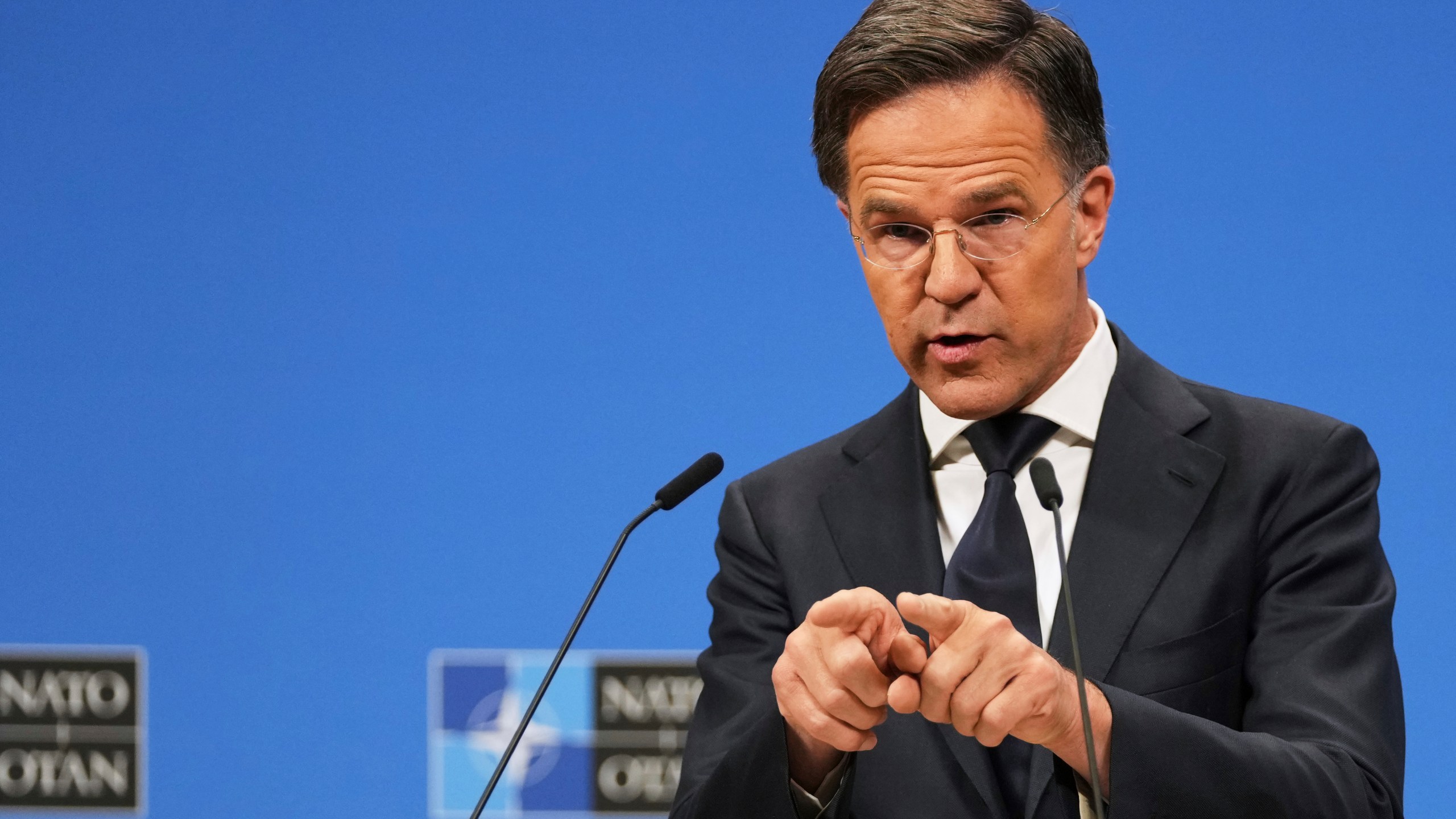 FILE - NATO Secretary General Mark Rutte speaks during a media conference prior to a meeting of the Ukraine Defense Contact Group at the NATO headquarters in Brussels, Wednesday, June 4, 2025. (AP Photo/Virginia Mayo, File)