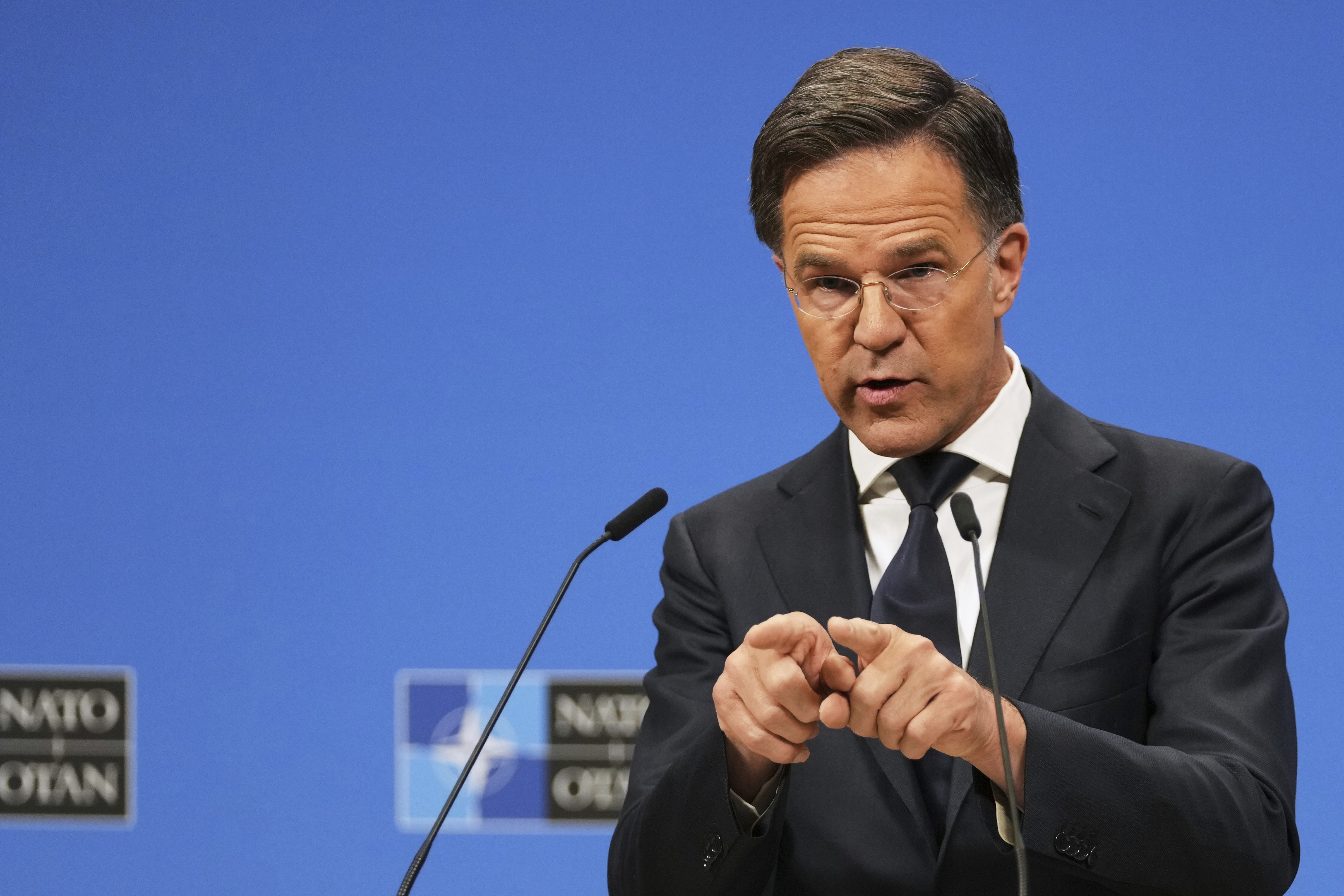 FILE - NATO Secretary General Mark Rutte speaks during a media conference prior to a meeting of the Ukraine Defense Contact Group at the NATO headquarters in Brussels, Wednesday, June 4, 2025. (AP Photo/Virginia Mayo, File)