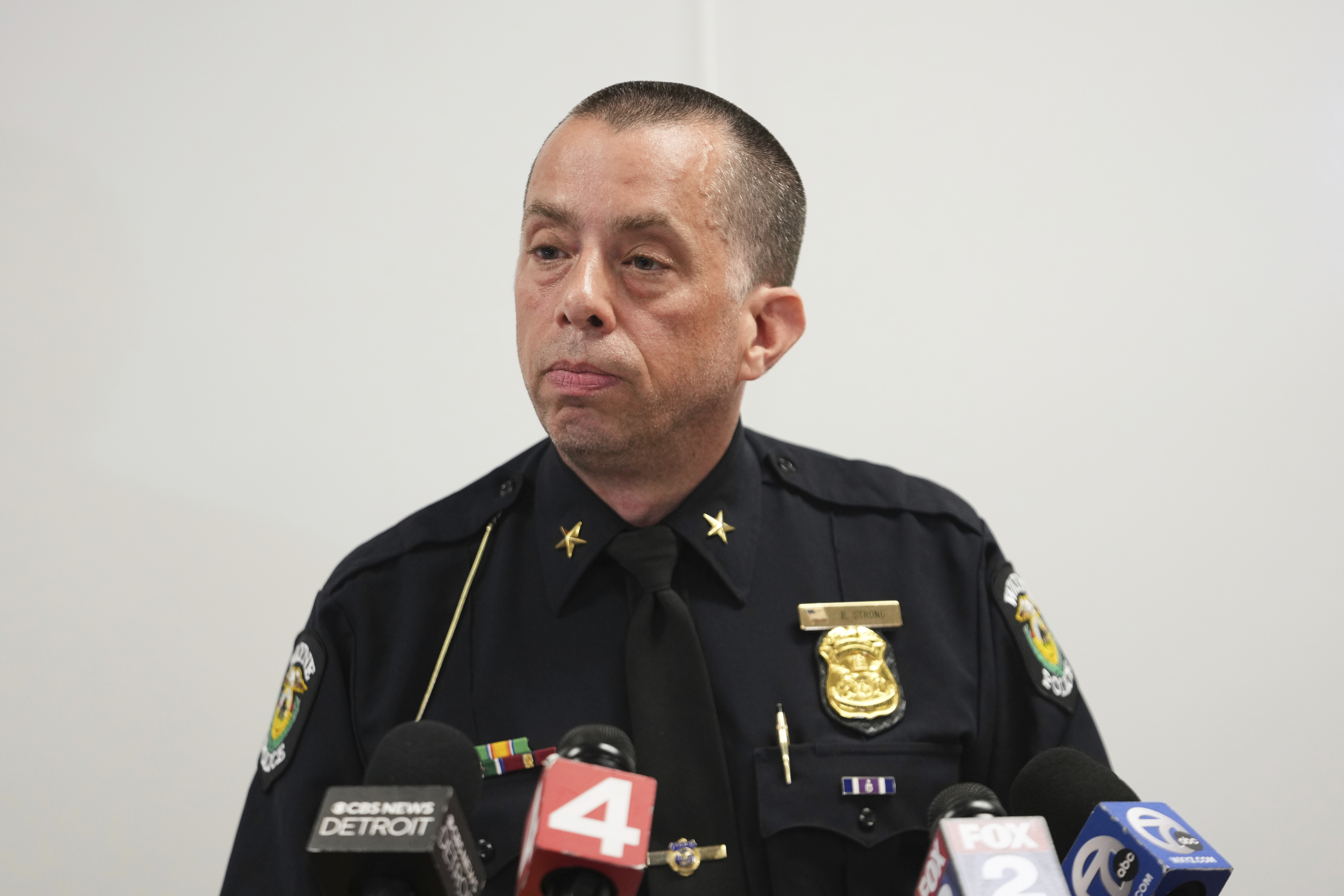 Wayne Police Department Chief Ryan Strong speaks during a news conference about a shooting at CrossPointe Community Church in Wayne, Mich., Sunday, June 22, 2025. (AP Photo/Paul Sancya)