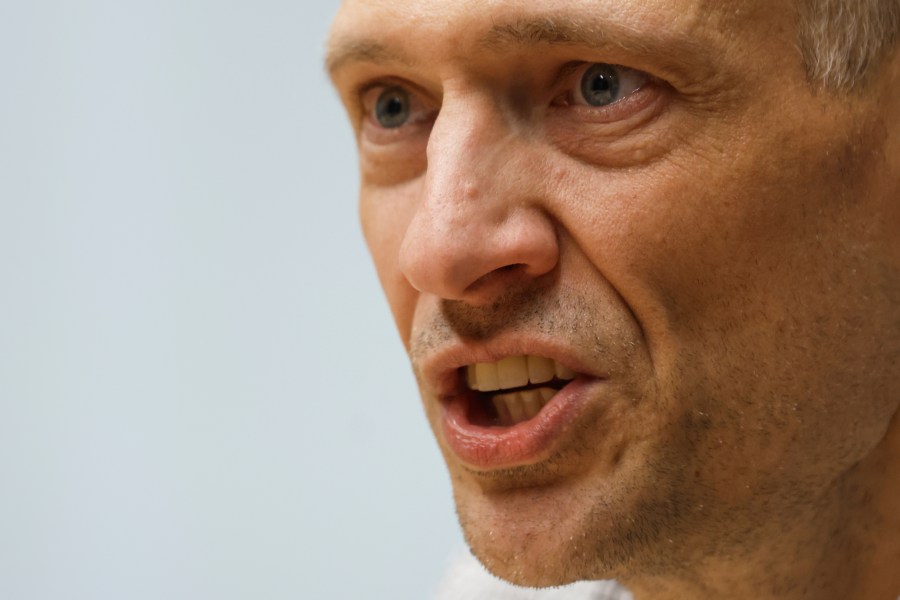 Syarhei Tsikhanouski, a Belarusian opposition activist released from a prison by Belarusian authorities, speaks during an interview with the Associated Press in Vilnius, Lithuania, Sunday, June 22, 2025. (AP Photo/Mindaugas Kulbis)