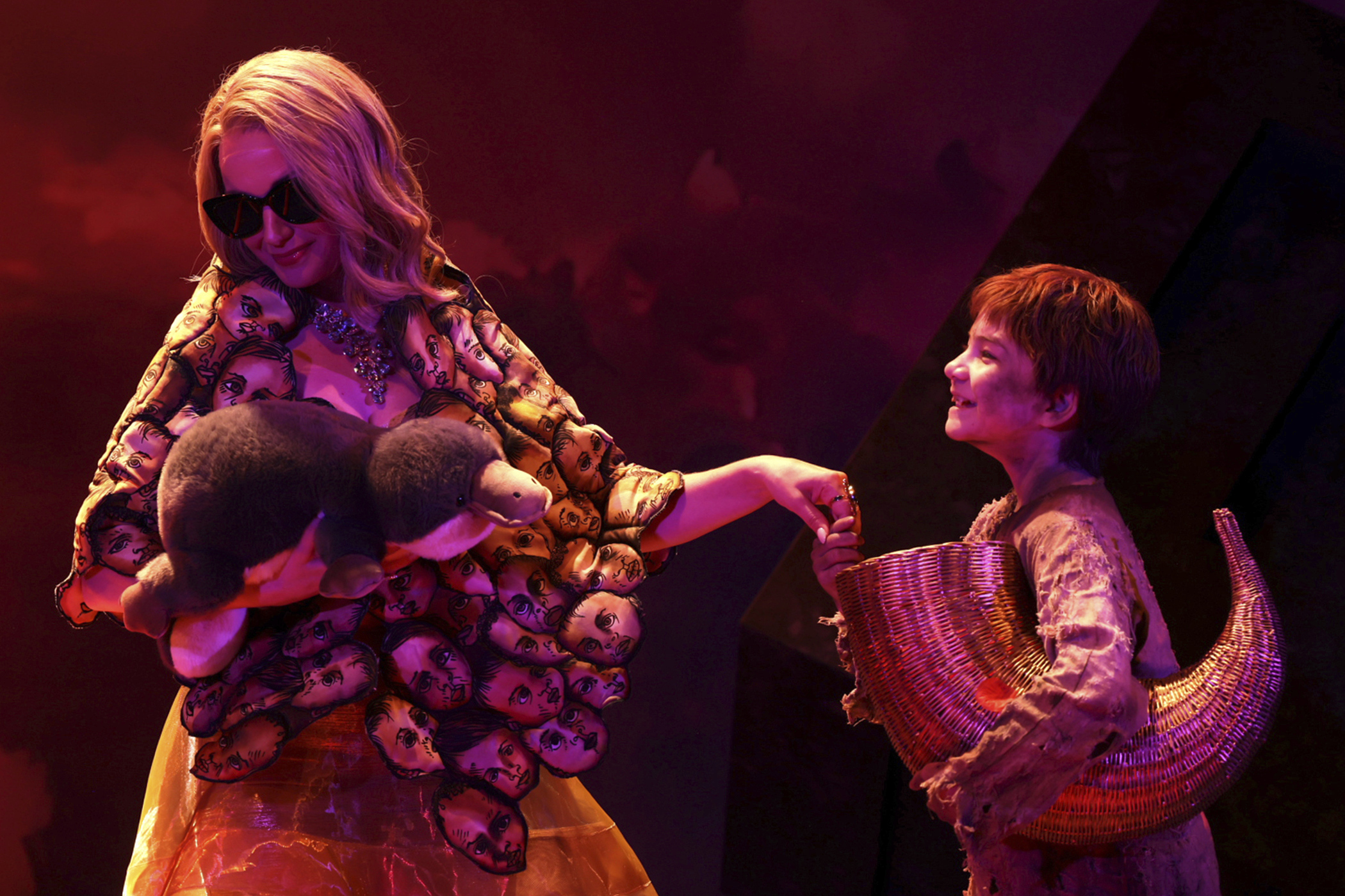 This photo provided by Theatre for a New Audience shows Sierra Boggess as ####-### and Aerina Park DeBoer as Pot-Bellied Child in "Prosperous Fools," written by Taylor Mac and directed by Darko Tresnjak. (Hollis King/Theatre for a New Audience via AP)
