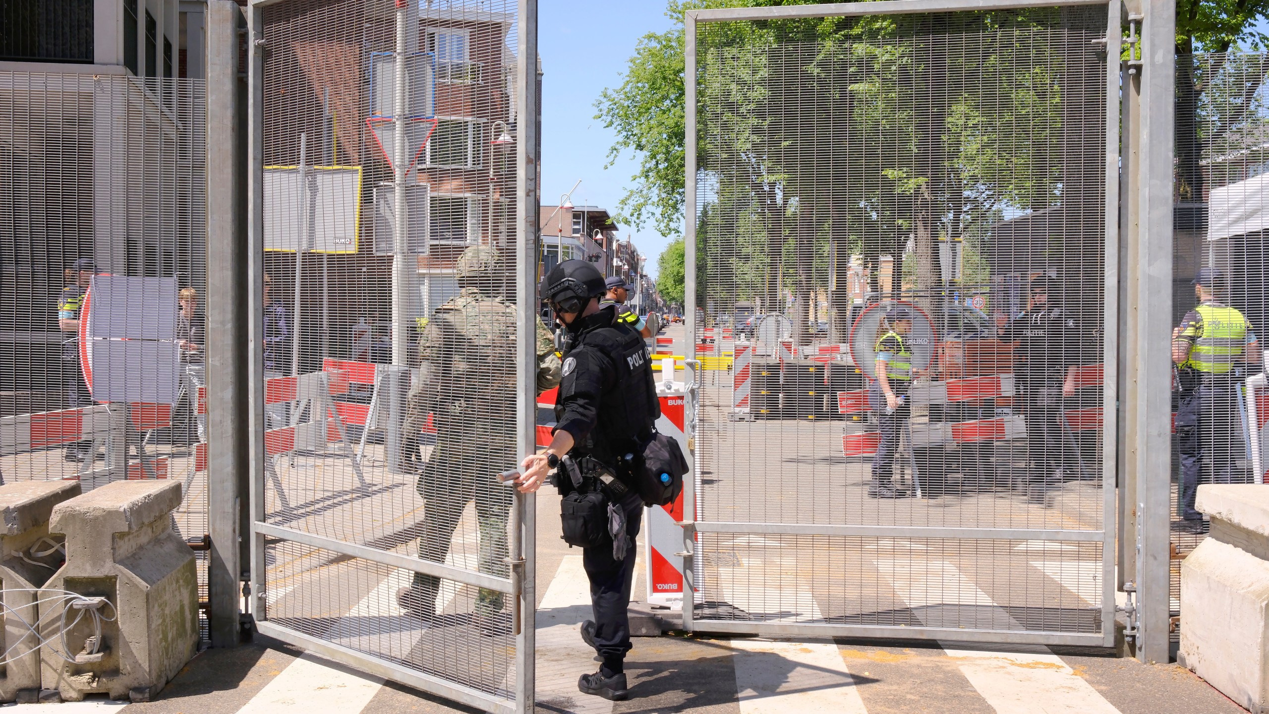 Security patrol around the perimeter of the venue ahead of the upcoming NATO summit in The Hague, Netherlands, Monday, June 23, 2025. (AP Photo/Patrick Post)