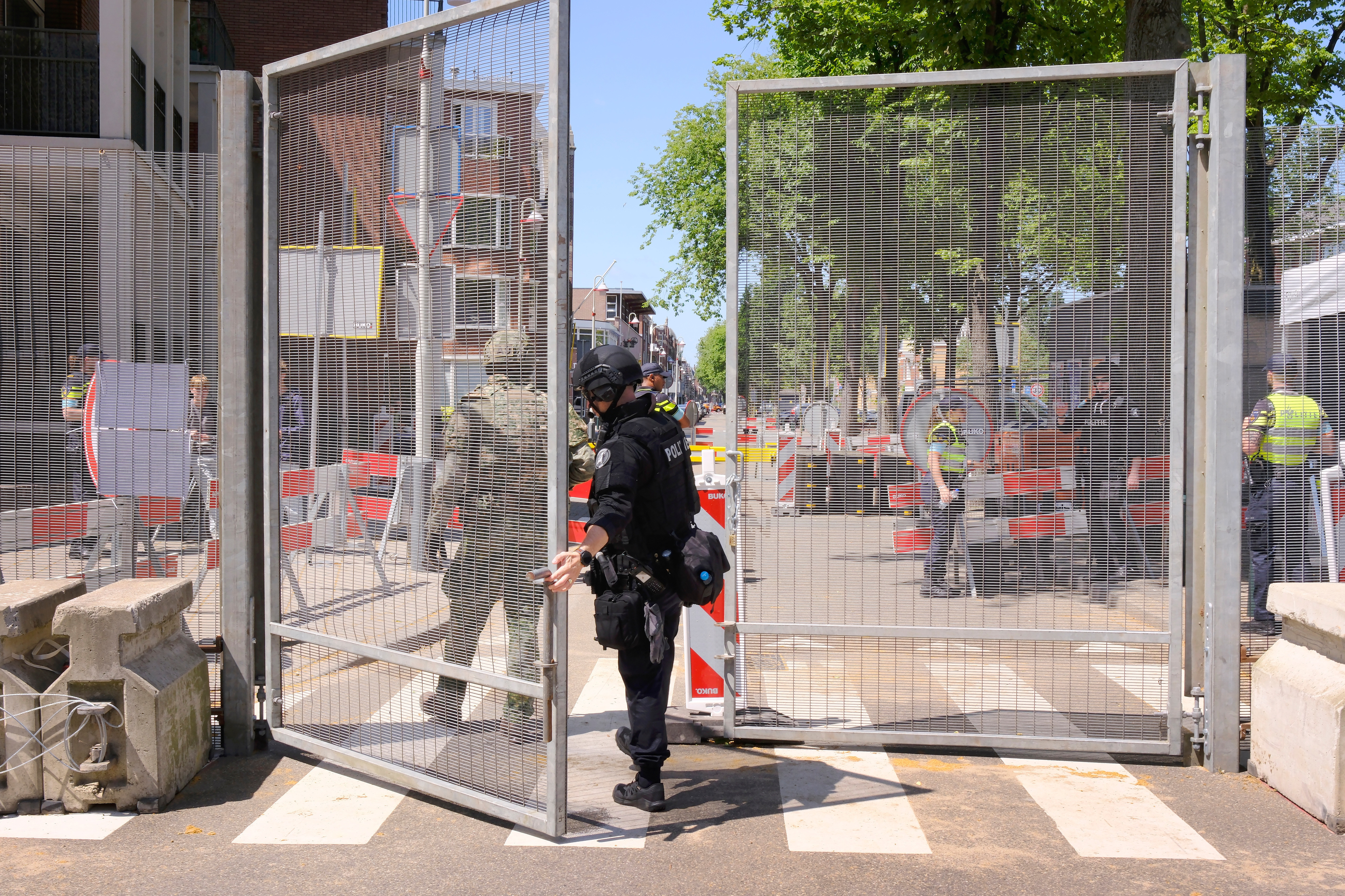 Security patrol around the perimeter of the venue ahead of the upcoming NATO summit in The Hague, Netherlands, Monday, June 23, 2025. (AP Photo/Patrick Post)