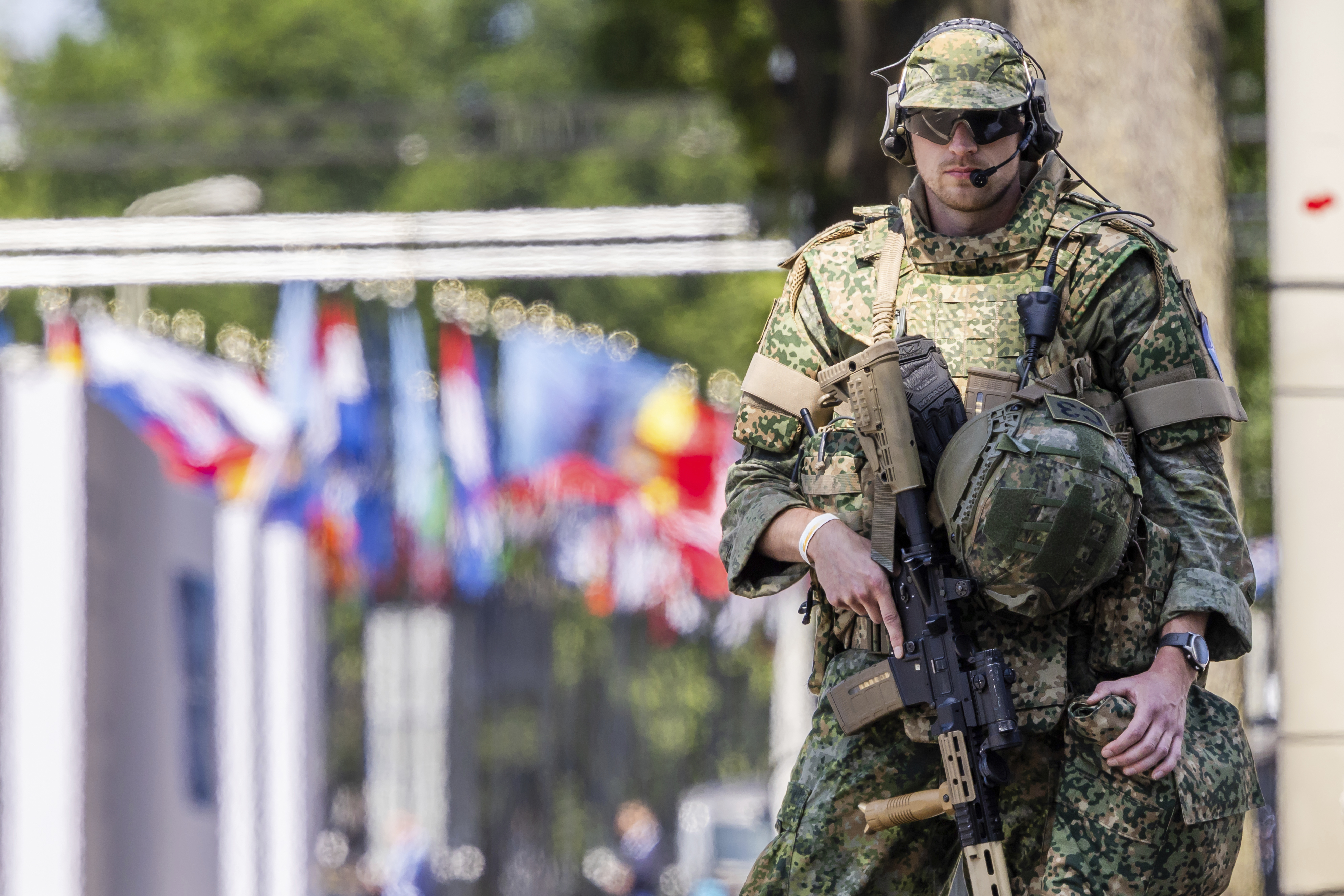 Security patrol around the perimeter of the venue in The Hague, Netherlands, Monday, June 23, 2025 ahead of the upcoming NATO summit. (AP Photo/Geert Vanden Wijngaert)