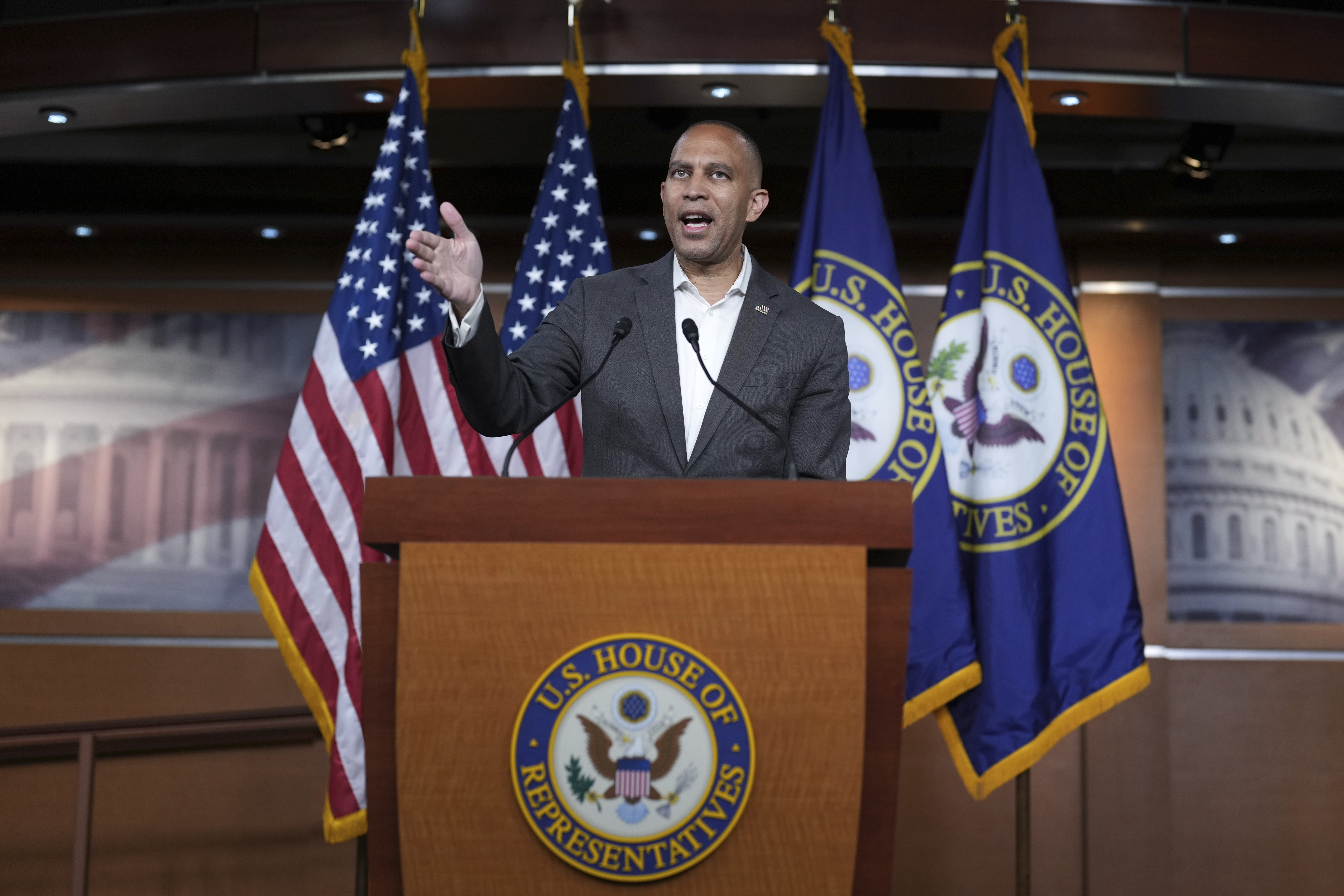 House Minority Leader Hakeem Jeffries, D-N.Y., speaks to reporters about the U.S. bombinb of three sites in Iran, at the Capitol in Washington, Monday, June 23, 2025. (AP Photo/J. Scott Applewhite)