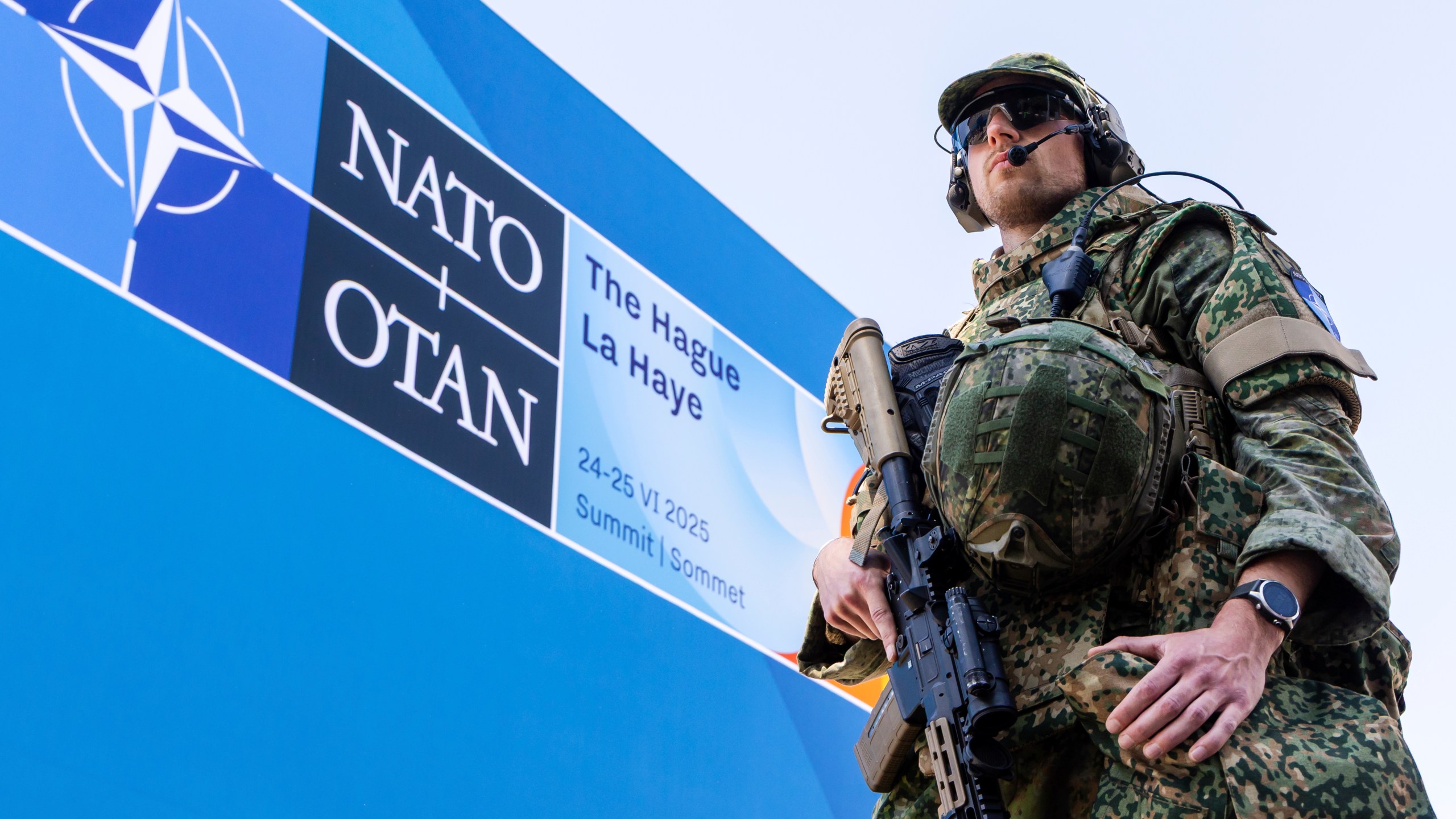 Security patrol around the perimeter of the venue in The Hague, Netherlands, Monday, June 23, 2025 ahead of the upcoming NATO summit. (AP Photo/Geert Vanden Wijngaert)