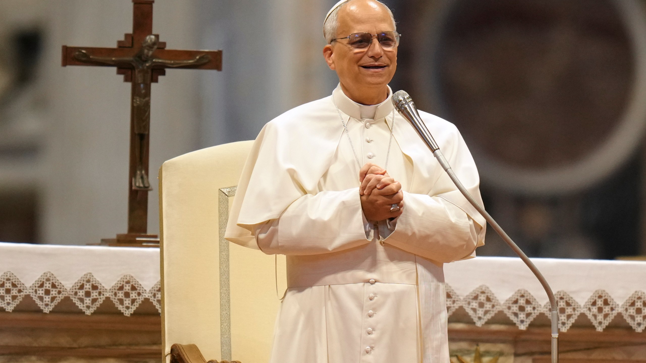 Pope Leo XIV leads a meditation with the participants into the Jubilee of Seminarists in St. Peter's Basilica at the Vatican, Tuesday, May 24, 2025. (AP Photo/Alessandra Tarantino)