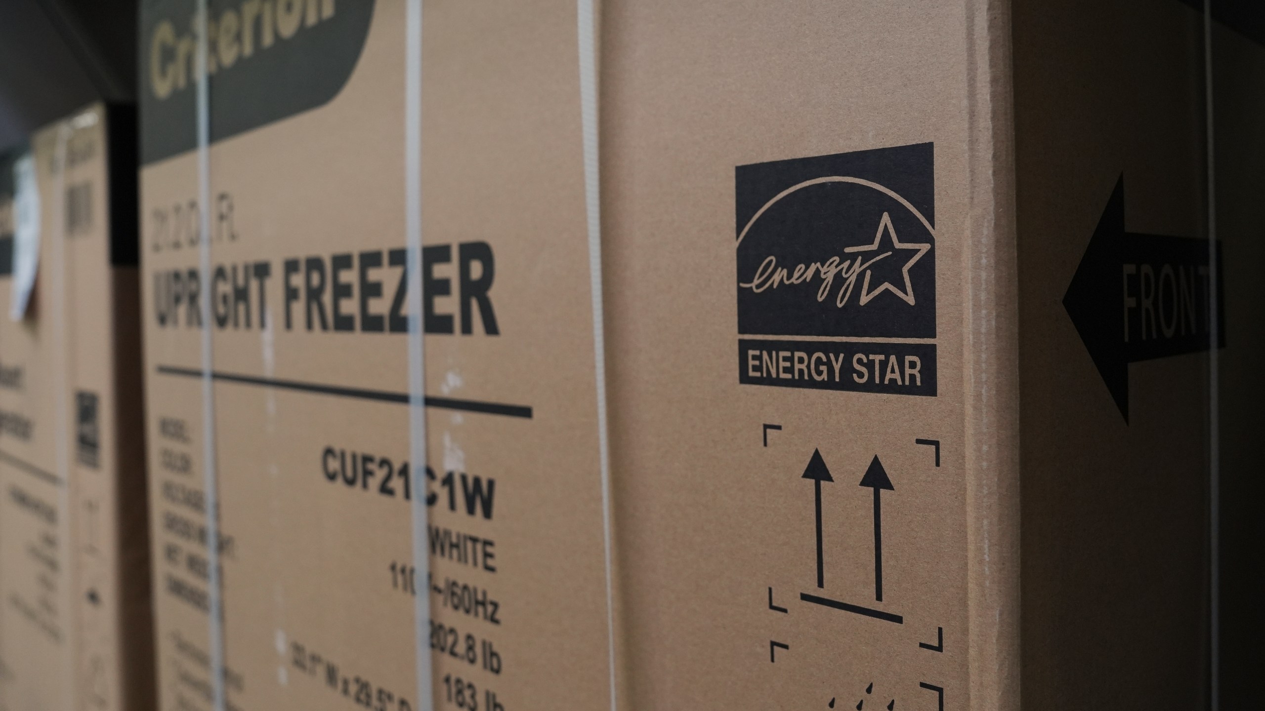 FILE - An Energy Star logo is displayed on a box for a freezer Jan. 21, 2025, in Evendale, Ohio. (AP Photo/Joshua A. Bickel, File)