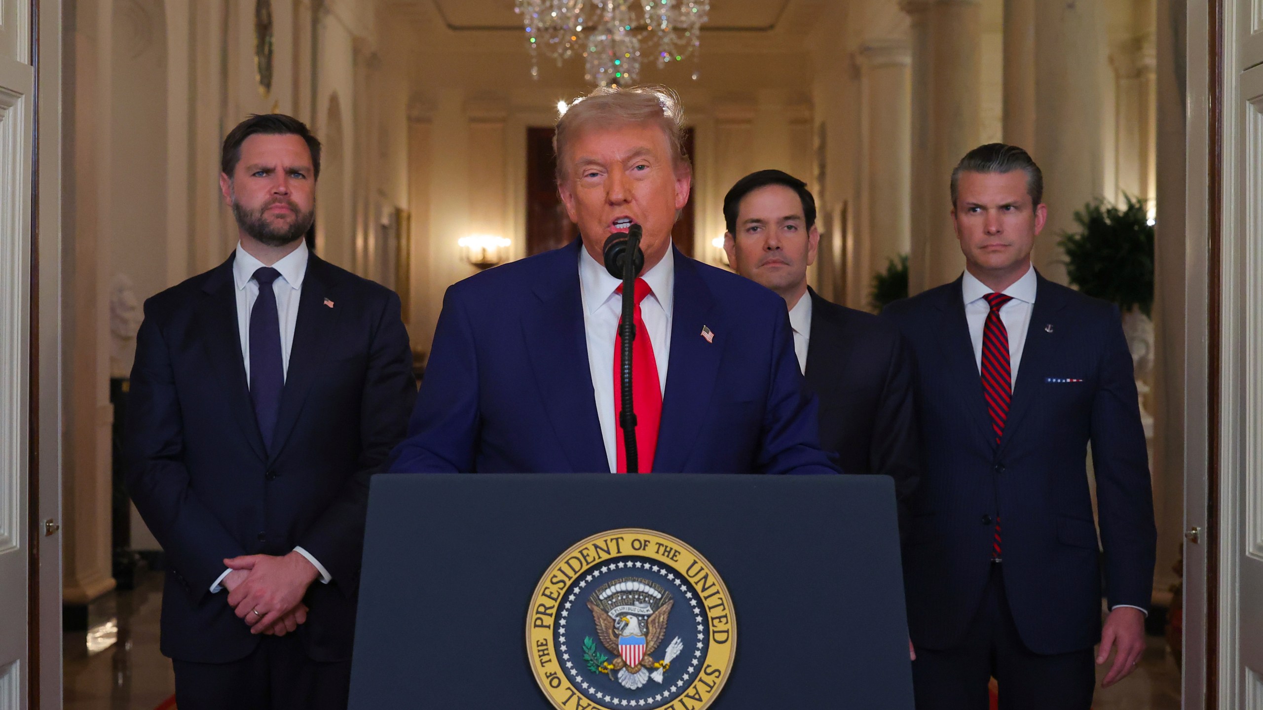 President Donald Trump speaks from the East Room of the White House in Washington, Saturday, June 21, 2025, after the U.S. military struck three Iranian nuclear and military sites, directly joining Israel's effort to decapitate the country's nuclear program, as Vice President JD Vance, Secretary of State Marco Rubio and Defense Secretary Pete Hegseth listen. (Carlos Barria/Pool via AP)