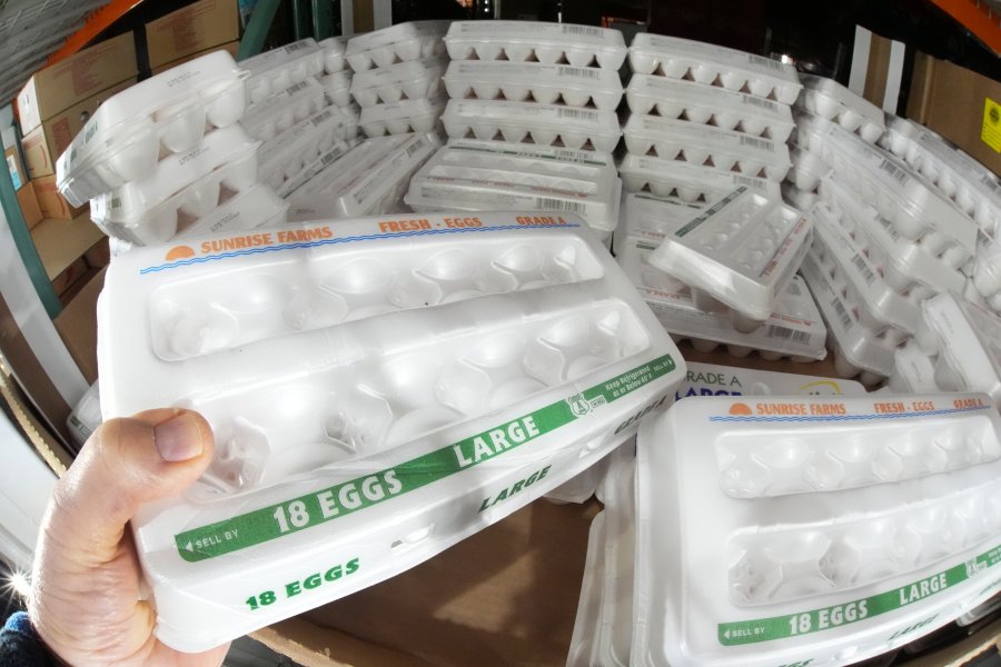 FILE - A shopper selects a carton of 18 Large Grade A eggs from a cooler in a Costco Warehouse in Cranberry, Pa., Tuesday, Jan. 28, 2025. (AP Photo/Gene J. Puskar, File)
