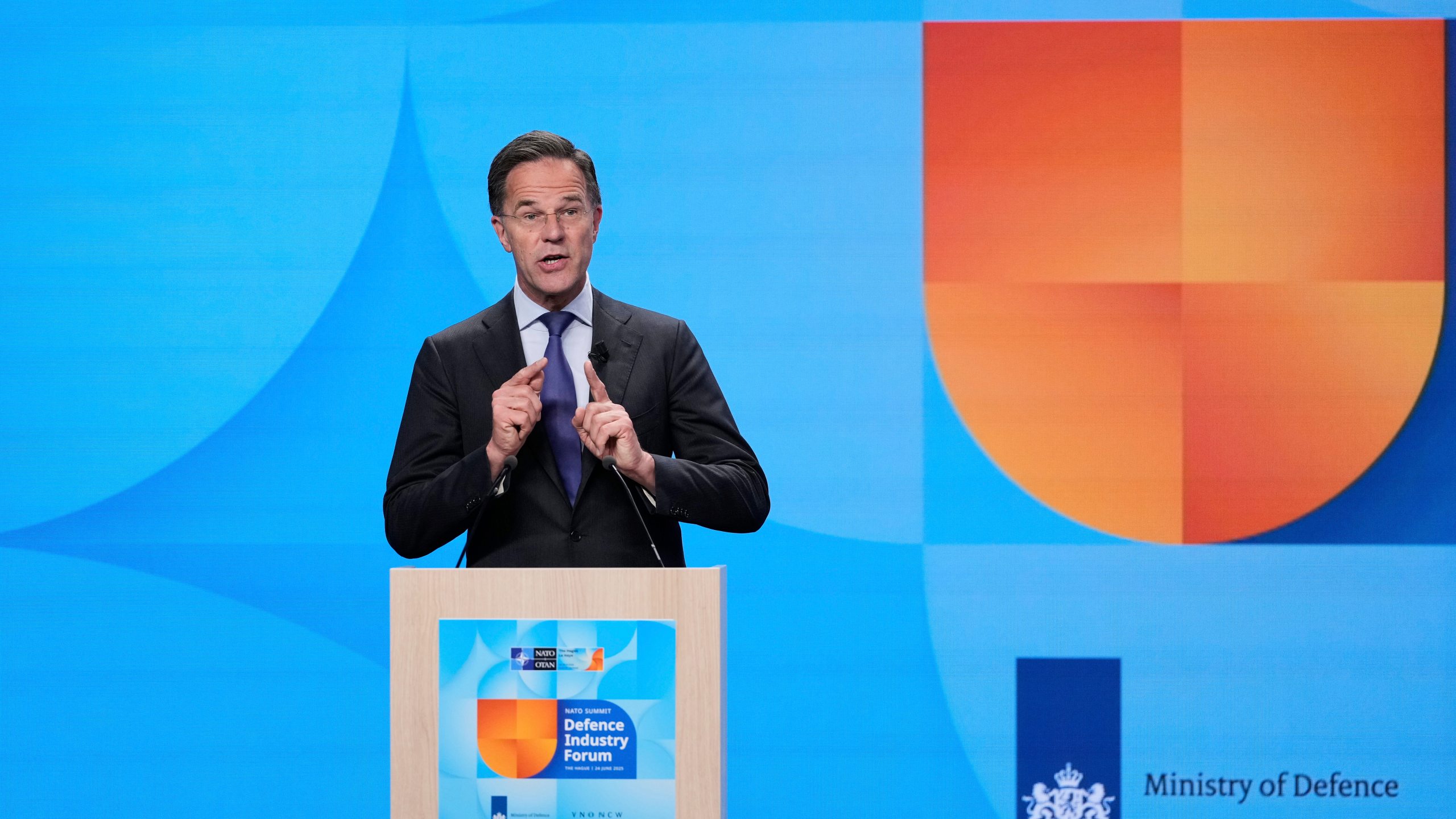 NATO Secretary General Mark Rutte addresses the audience during the NATO defense forum on the sidelines of the NATO summit in The Hague, Netherlands, Tuesday, June 24, 2025. (AP Photo/Matthias Schrader)