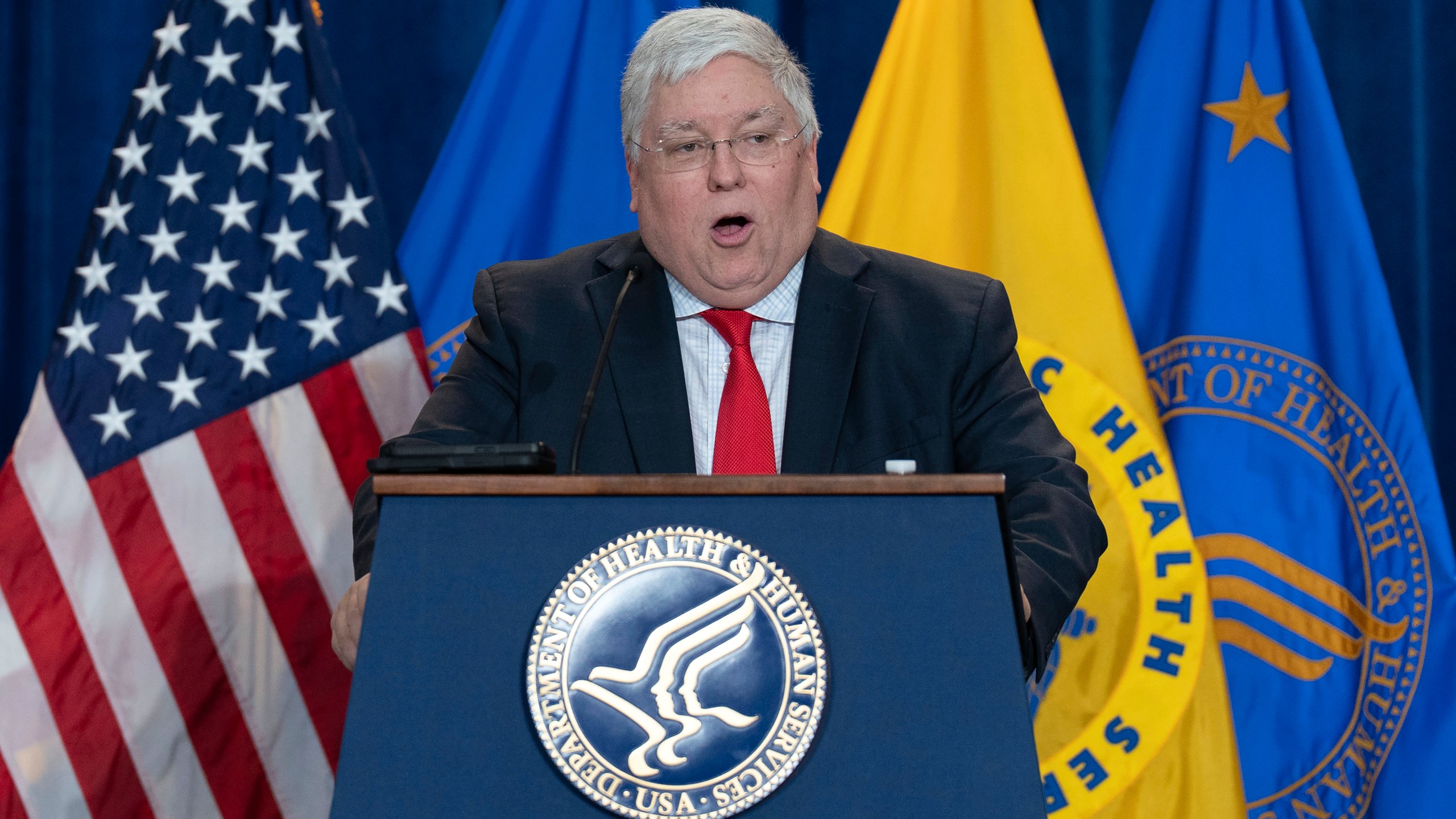 FILE - West Virginia Gov. Patrick Morrisey speaks during a news conference at the Hubert Humphrey Building Auditorium in Washington, April 22, 2025. (AP Photo/Jose Luis Magana, File)