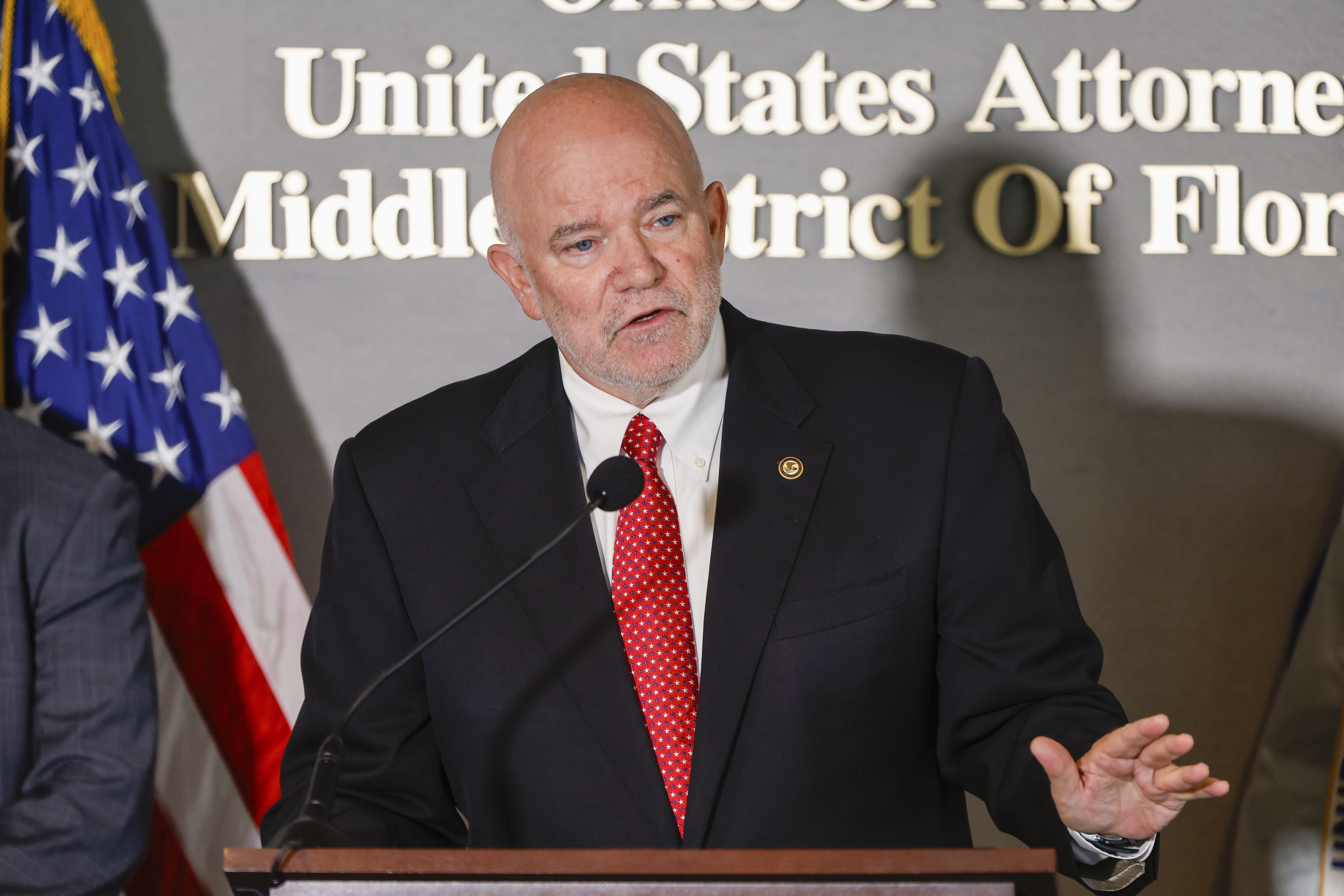 Gregory Kehoe, U.S. Attorney for the Middle District of Florida, speaks to reporters during a press conference regarding Leo Govoni at the United States Attorney's Office on Monday, June 23, 2025, in Tampa, Fla. (Jefferee Woo/Tampa Bay Times via AP)