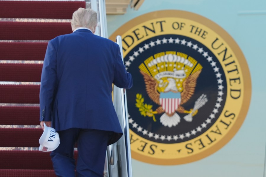 President Donald Trump boards Air Force One, Tuesday, June 24, 2025, at Joint Base Andrews, Md., on his way to The Hague, to join world leaders gathering in the Netherlands for a two-day NATO summit. (AP Photo/Manuel Balce Ceneta)