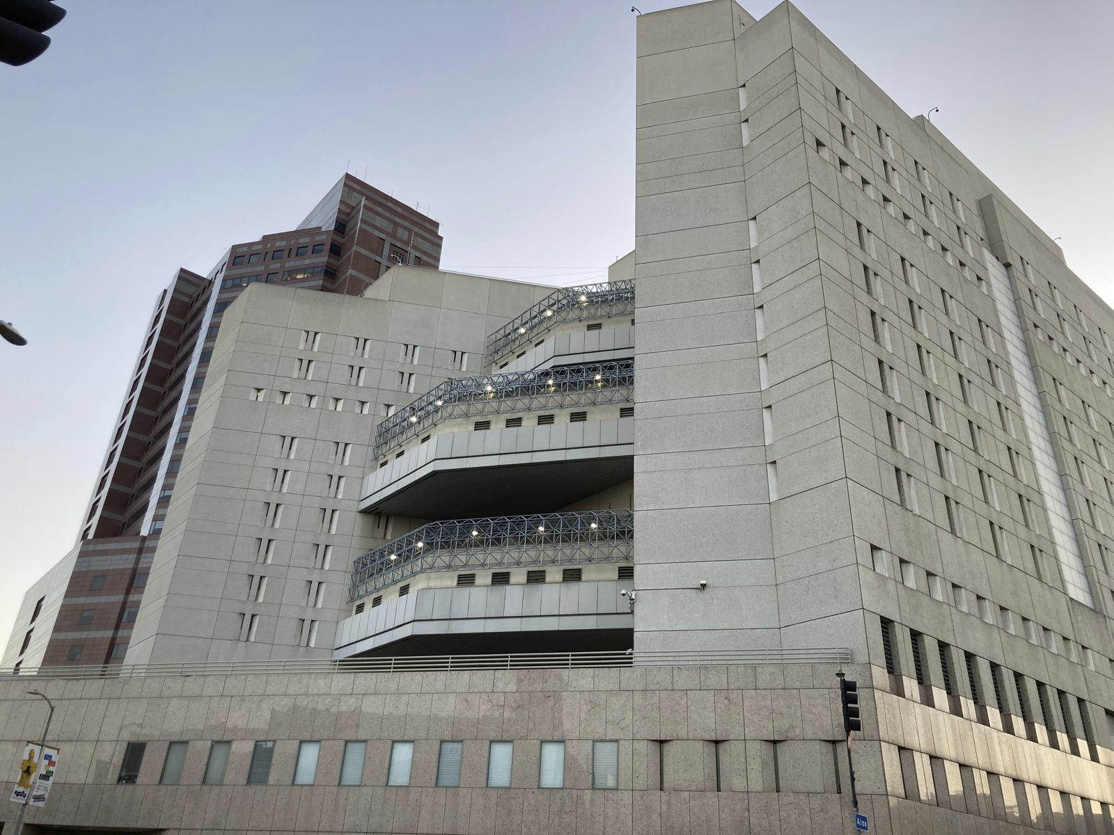 The exterior of the Metropolitan Detention Center in Los Angeles, on Sunday, May 2, 2021. (AP Photo/Damian Dovarganes)