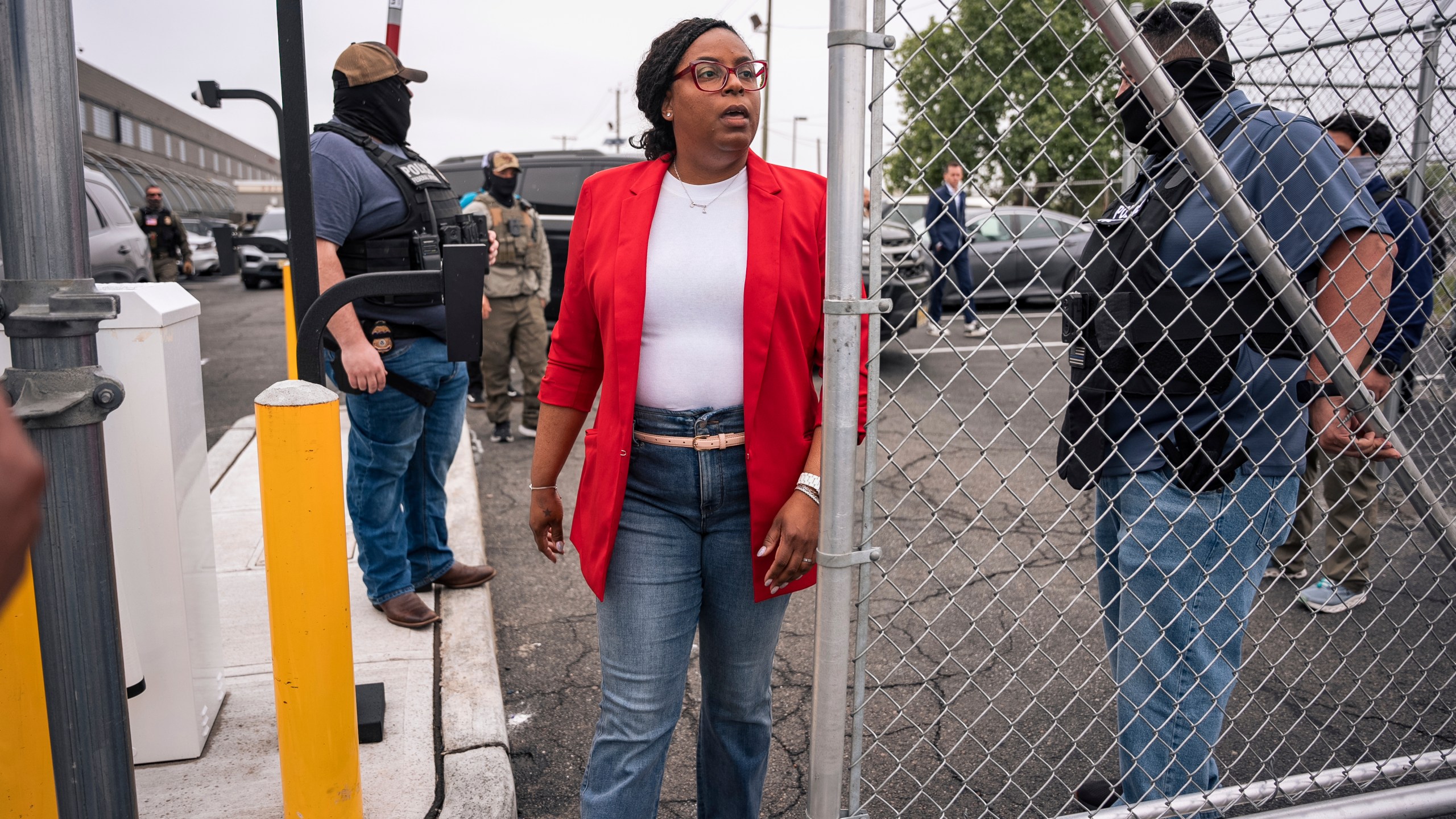 FILE - Congresswoman Rep. LaMonica McIver, D-N.J., exits the grounds at Delaney Hall, an ICE detention facility, May 9, 2025, in Newark, N.J, (AP Photo/Angelina Katsanis, File)