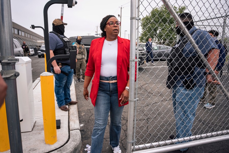 FILE - Congresswoman Rep. LaMonica McIver, D-N.J., exits the grounds at Delaney Hall, an ICE detention facility, May 9, 2025, in Newark, N.J, (AP Photo/Angelina Katsanis, File)