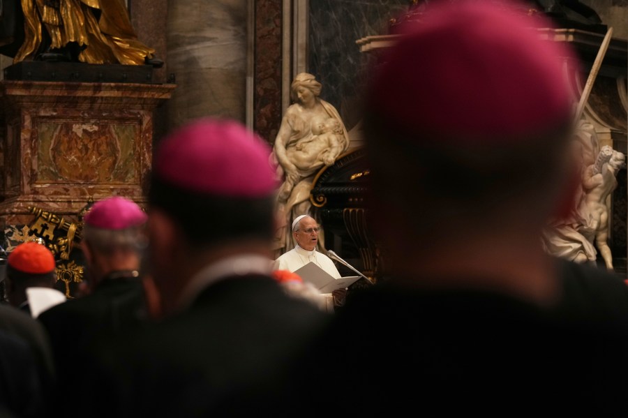 Pope Leo XIV leads a meditation with the participants into the Jubilee of Bishops inside St. Peter's Basilica, at the Vatican, Wednesday, June 25, 2025. (AP Photo/Andrew Medichini)