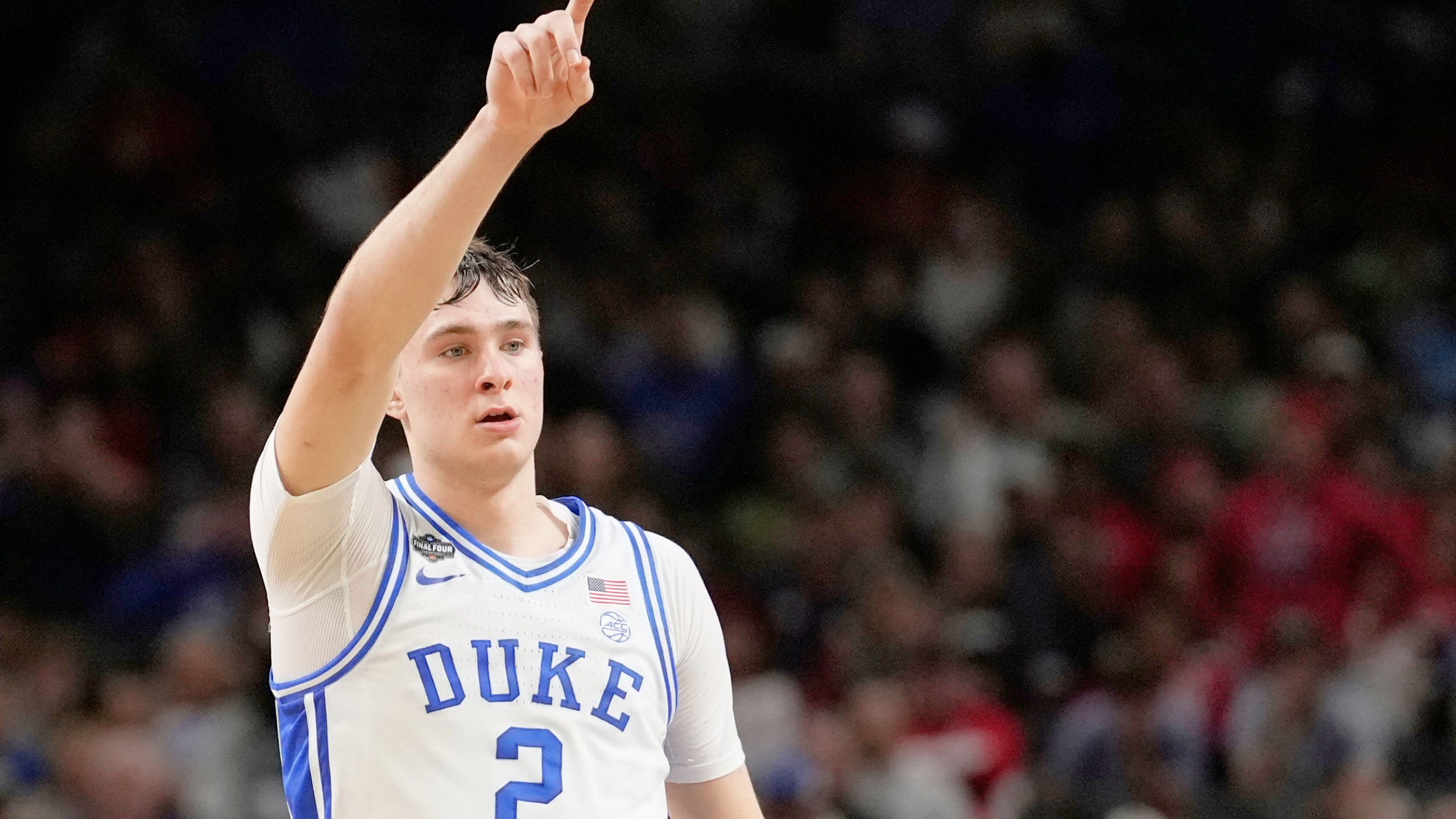 FILE - Duke forward Cooper Flagg celebrates after scoring against the Houston during the second half in the national semifinals at the Final Four of the NCAA college basketball tournament, Saturday, April 5, 2025, in San Antonio. (AP Photo/Brynn Anderson, File)